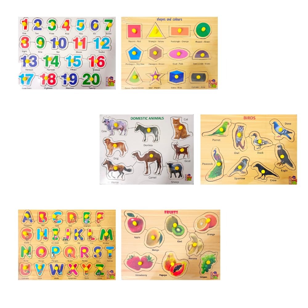 Wooden Learning Boards - Educational Wooden Puzzle Toys for Kids Ages 3+ & Adults | Number, Shape, Animal, Bird, Alphabet & Fruit Puzzles (Set of 6) | STEM Learning Toy for Preschool & Homeschool Activities