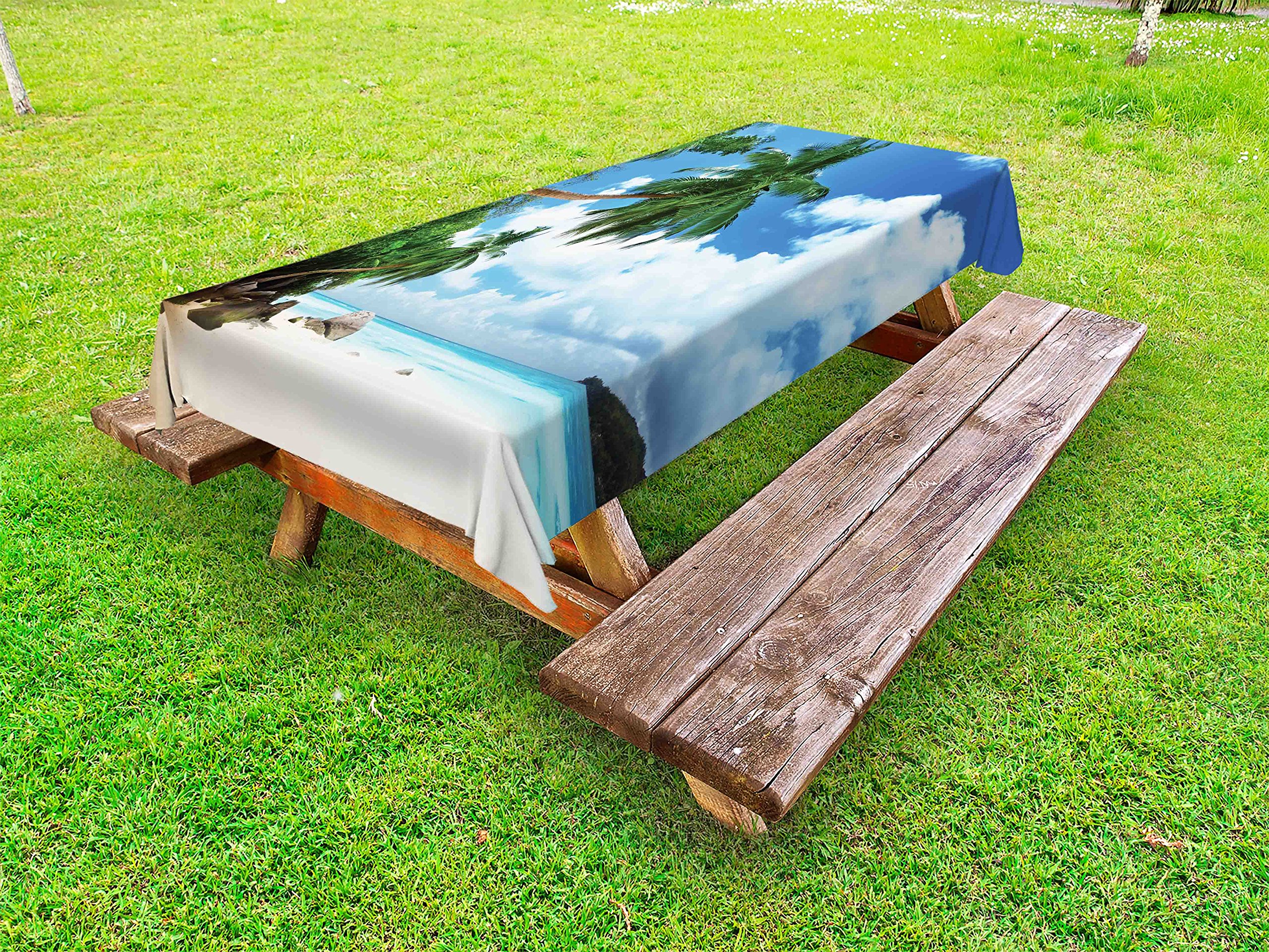 Ambesonne Waterproof Outdoor Tablecloth - Tropical Beach Coconut Tree Print, Seychelles Coastal Design, 58