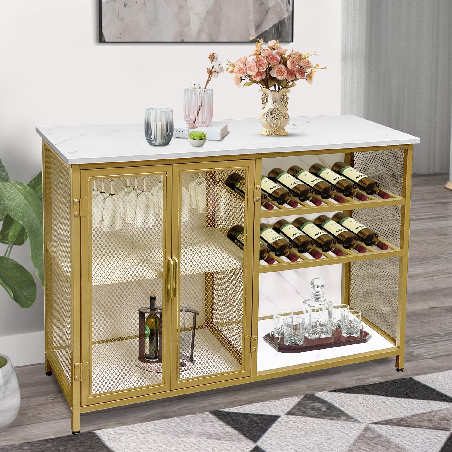 AT-VALY Bar Cabinet with Wine Rack & Glass Holder - Small Buffet Sideboard with Mesh Doors, Gold Finish - Perfect for Home Bar, Dining Room & Kitchen Storage