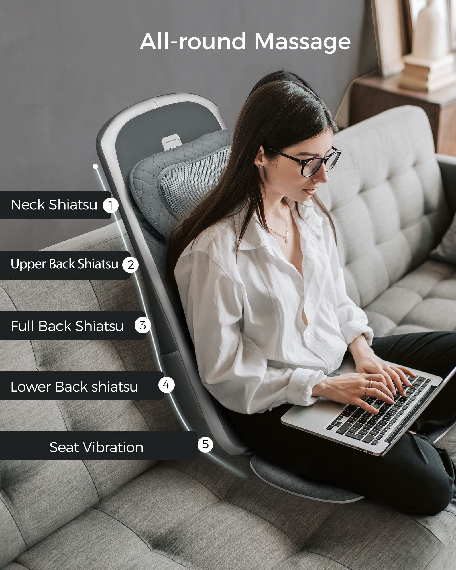 ALLJOY Shiatsu Kneading Back Massager Pad with Heat & Adjustable Vibration - Office Chair Massage Cushion for Full Back, Neck & Shoulder Pain Relief - Perfect Gift for Women & Men - Ideal for Home Office, Car Seat & Relaxation