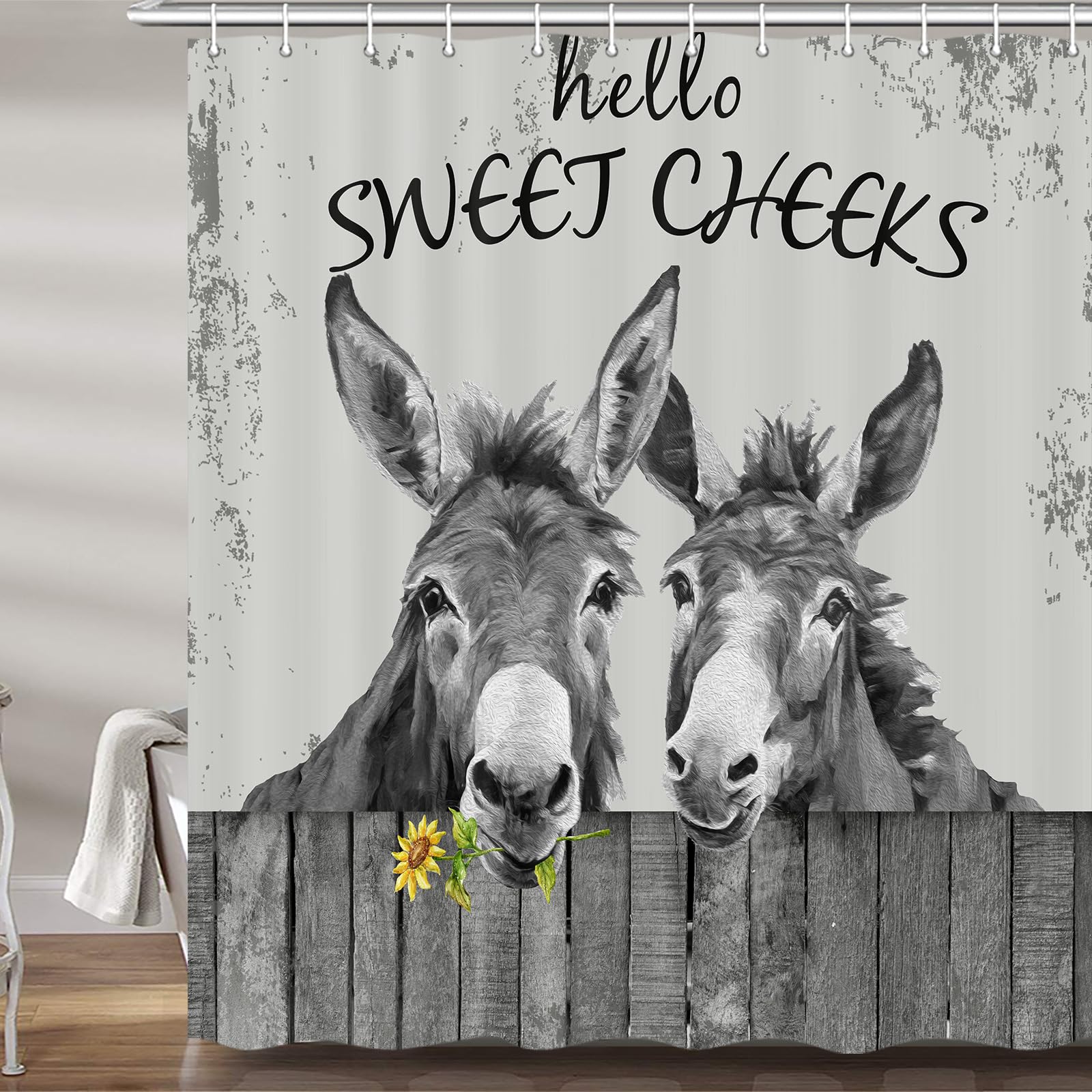 Funny Donkey Shower Curtain Set - Black & White Farm Animal Bathroom Decor with Rustic Grey Wood Design, 72x72 Inches, Includes Hooks - Perfect for Farmhouse, Country Style Bathrooms & Kids' Bathroom Themes