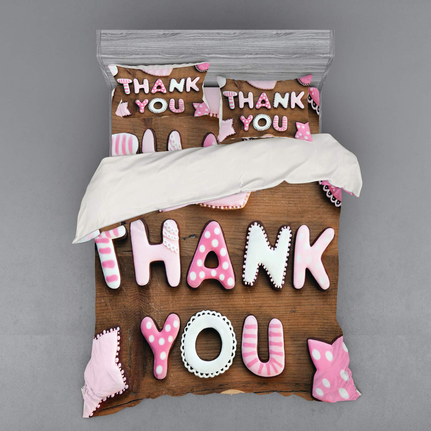 Ambesonne Thank You Bedding Set - Romantic Cookie Letters Sugar Candy Design on Rustic Wood Table, 4-Piece Duvet Cover Set with Shams & Fitted Sheet, Queen Size, White Brown & Pink - Perfect for Guest Rooms, Romantic Bedrooms & Cozy Home Decor