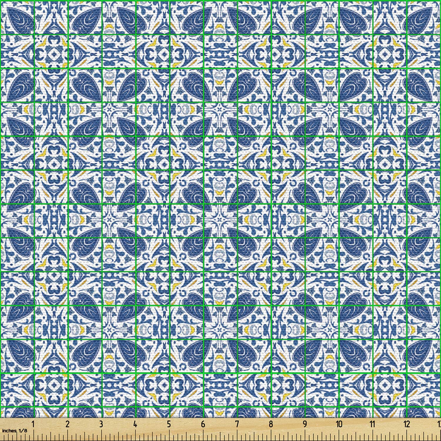 Portuguese Tile Floral Fabric - 10 Yards for Upholstery & Home Decor | Yellow Blue Mosaic Design