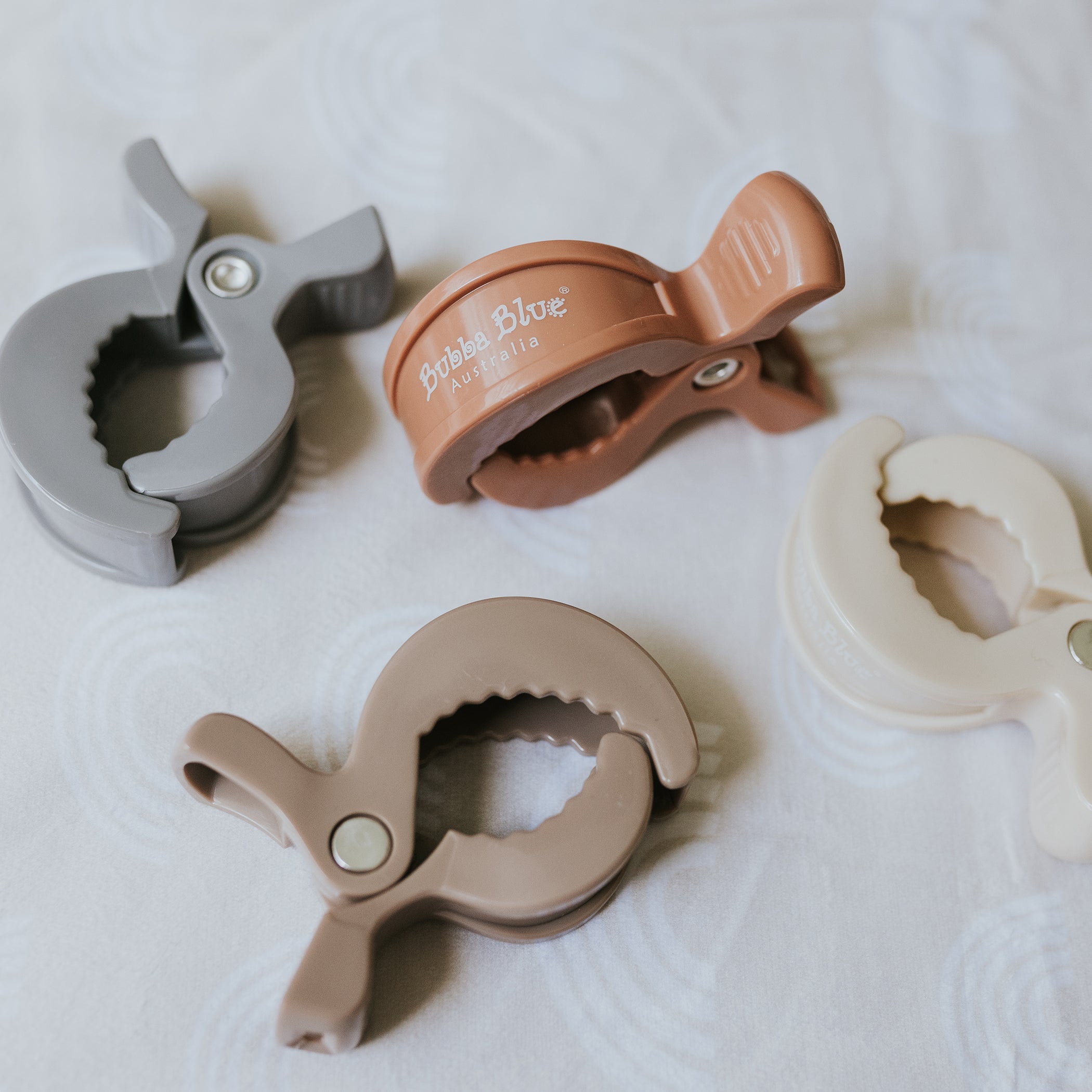 4-Pack Unisex Pram Clips - Grey, Sand, Nutmeg & Terracotta | Secure Baby Stroller Accessories for Shopping Trips & Outdoor Adventures