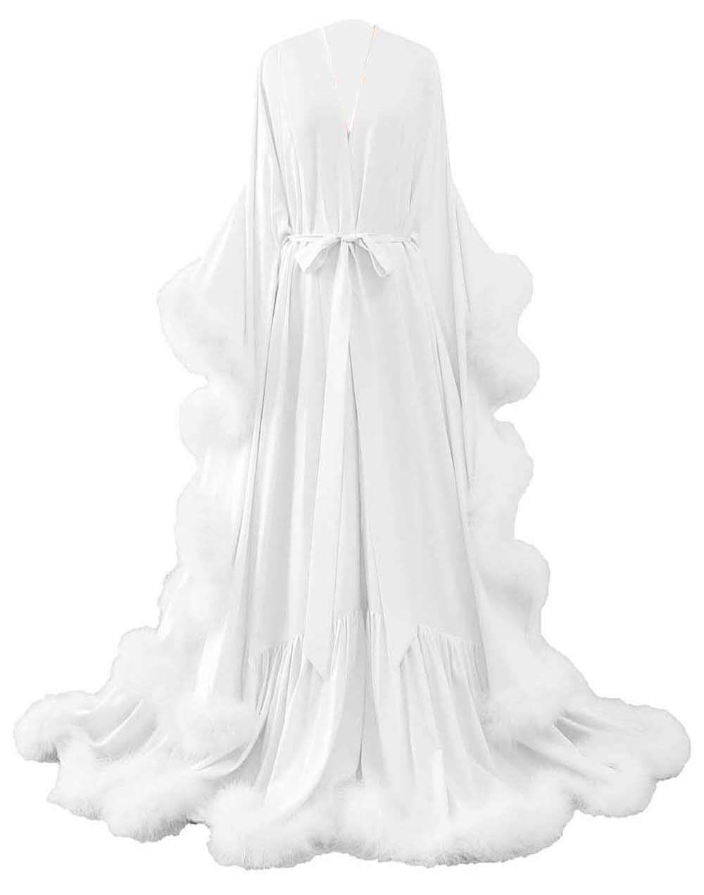 Yinyyinhs Women's Sexy Feather Bridal Robe - Silk Satin Maternity Wedding Robe for Photoshoot, Long Nightgown, Bathrobe & Sleepwear - Perfect for Bridal Showers, Honeymoon & Boudoir Photography