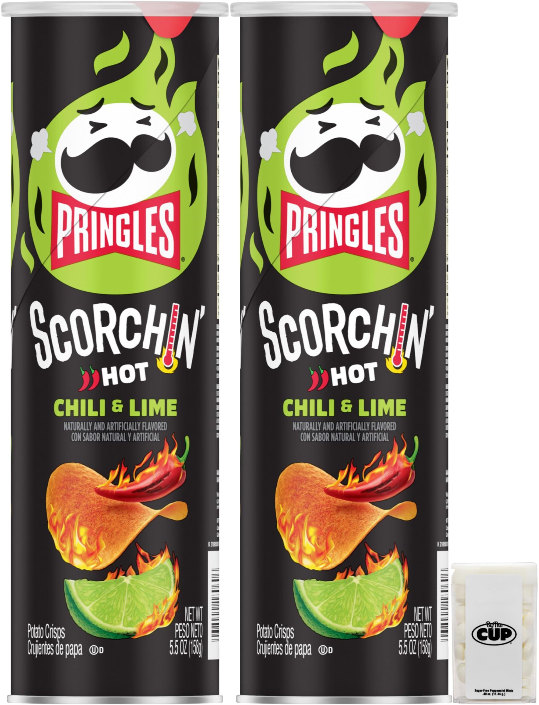 Pringles Scorchin' Chili & Lime Flavored Potato Crisps Chips - 5.5 Oz (2 Pack) with Free By The Cup Mints - Spicy Snacks for Parties, Road Trips & Movie Nights