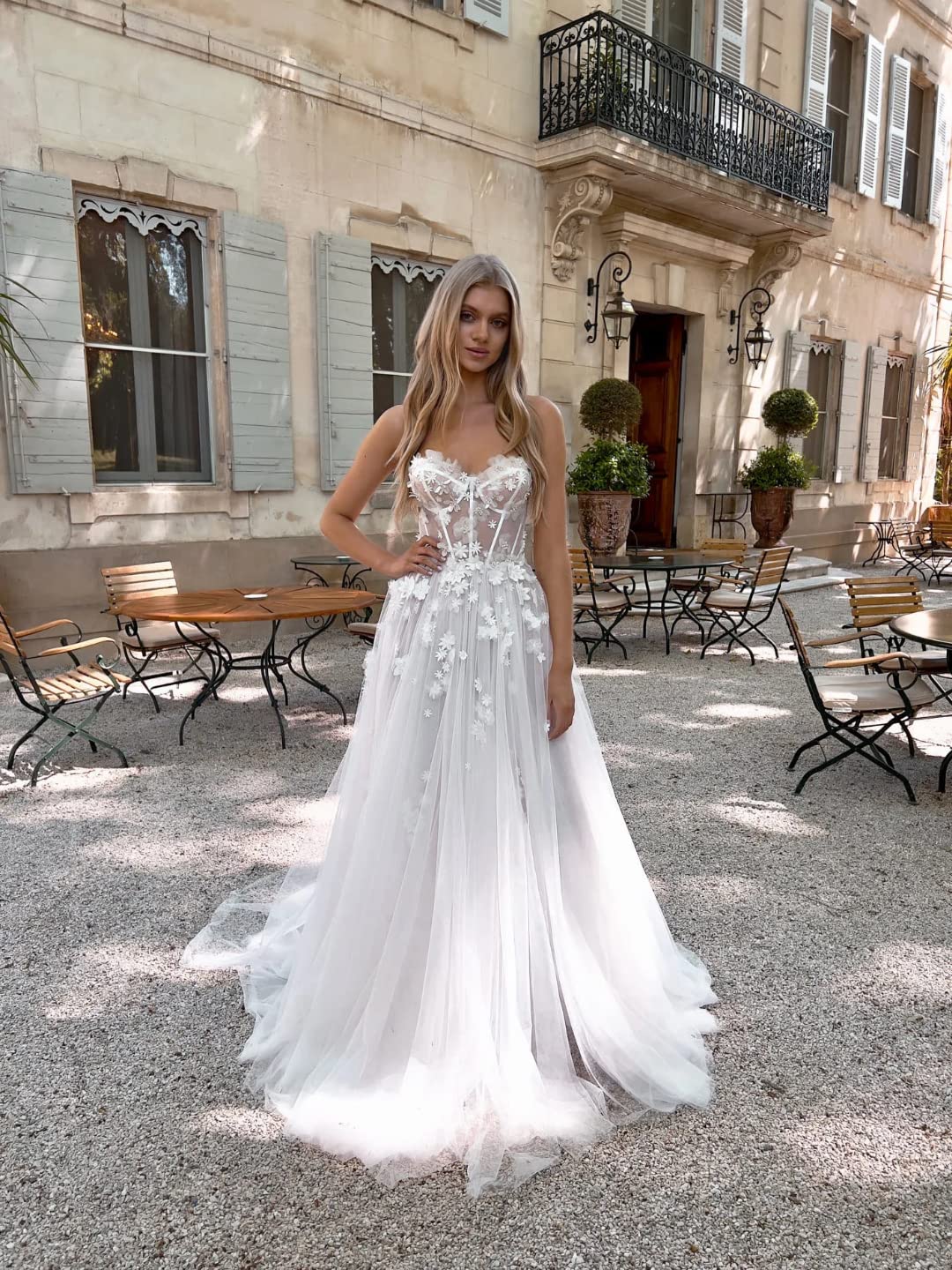 XYAYE Off Shoulder Lace Beach Wedding Dress - Elegant Tulle Bridal Gown with Long Sleeves & Thigh High Slit | Perfect for Beach Ceremonies, Destination Weddings & Boho Bridal Photoshoots