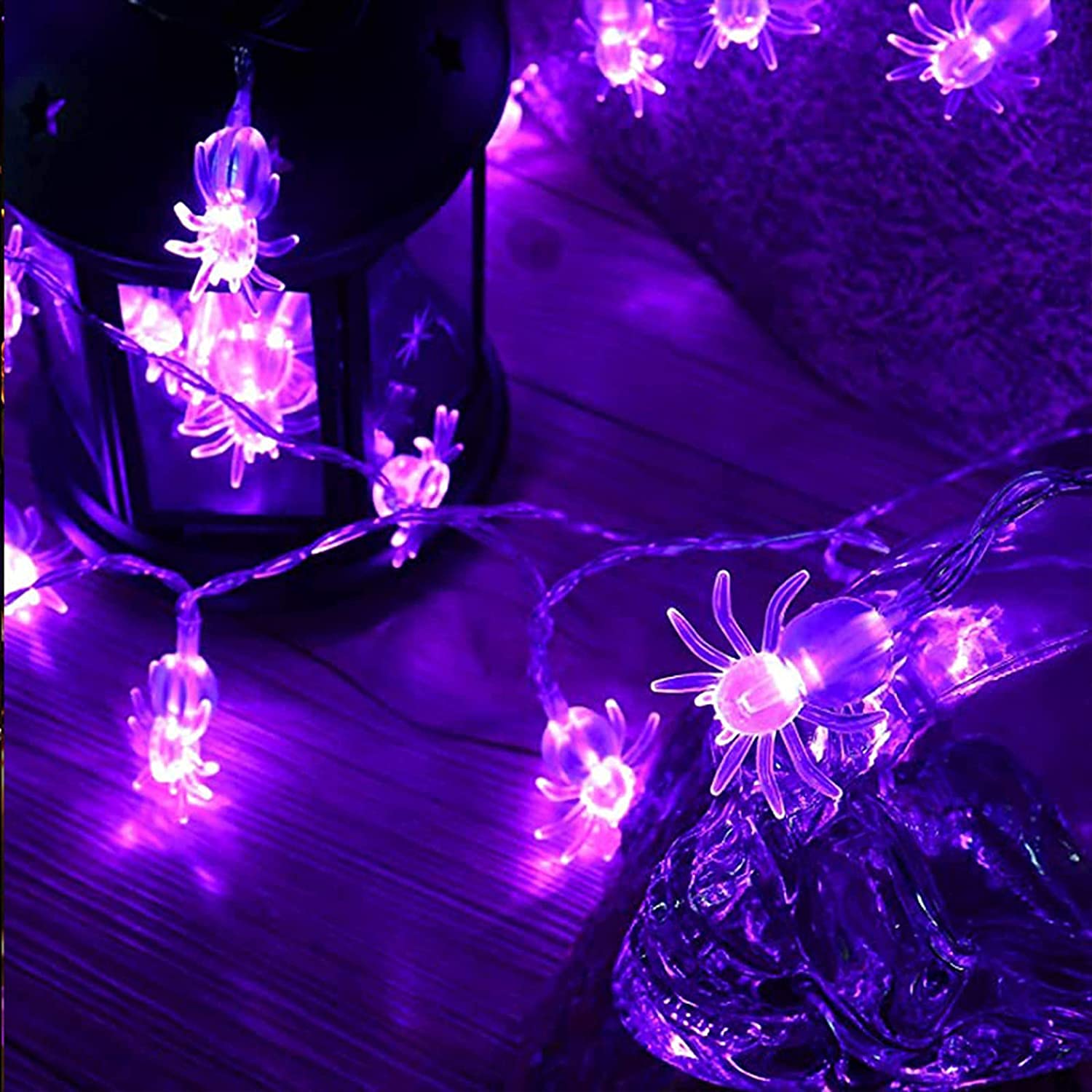 SNOMYRS 21ft LED Spider String Lights - 30 Battery Powered Halloween & Christmas Decorations with 8 Lighting Modes - Purple Outdoor Lights for Patio, Garden, Gate, Yard (Perfect for Halloween Parties, Christmas Festivals, and Outdoor Events)