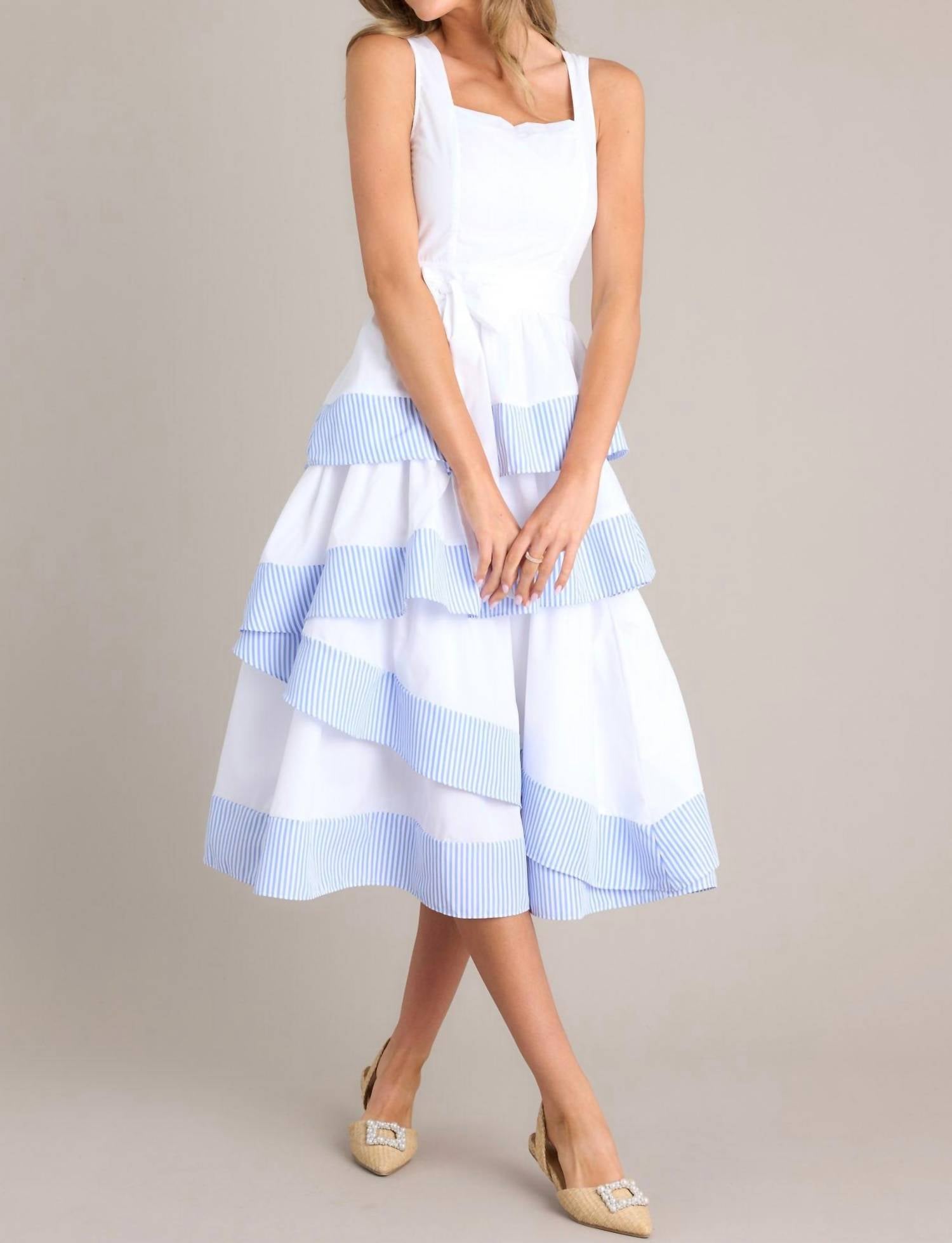 Derby Days Stripe Ruffle Midi Dress - White & Blue Floral Summer Dress for Women | Perfect for Garden Parties, Brunch Dates & Summer Weddings