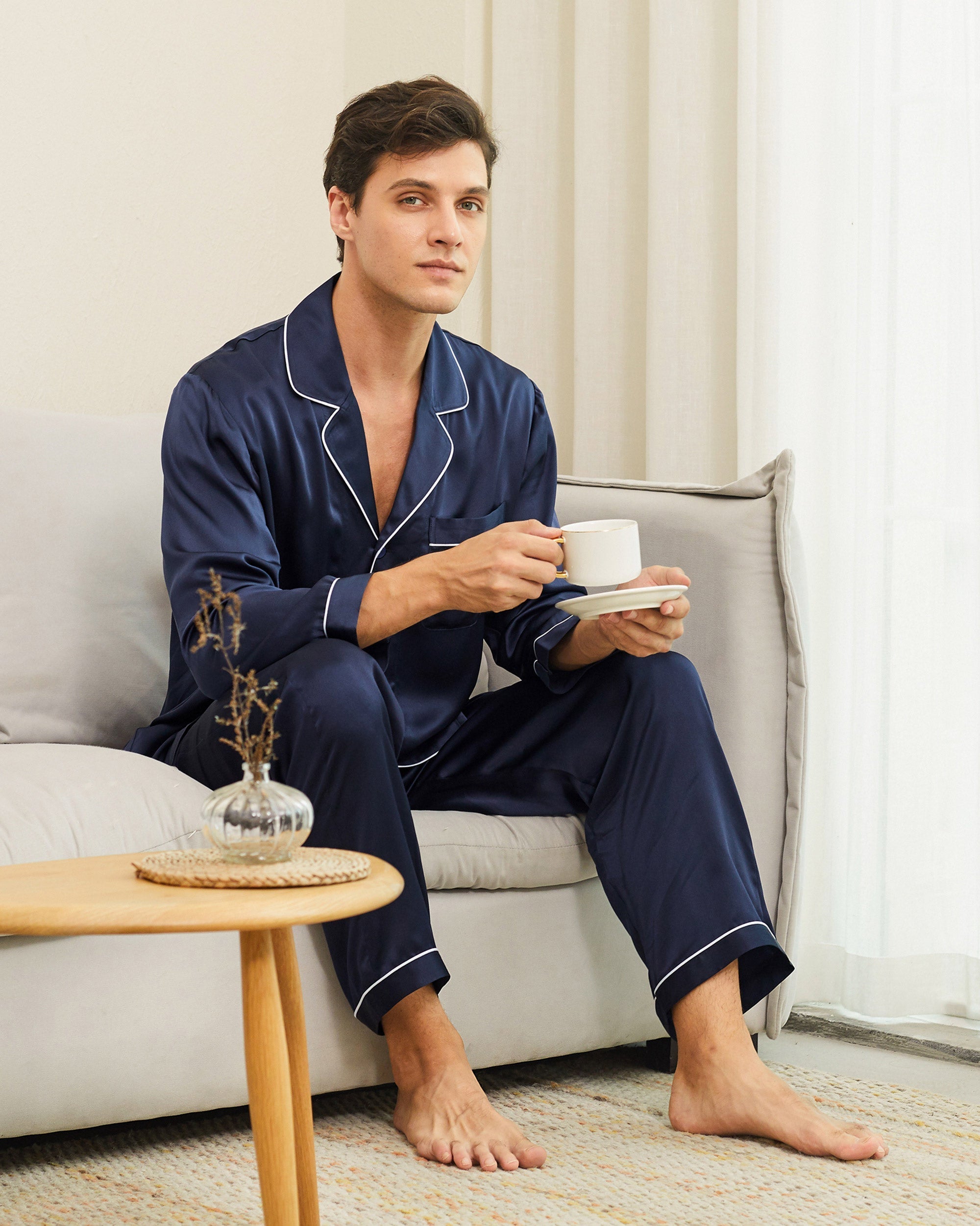 Men's Silk Pajamas with Piping - Soft & Breathable Sleepwear for Lounge & Bedtime | Clearance Sale