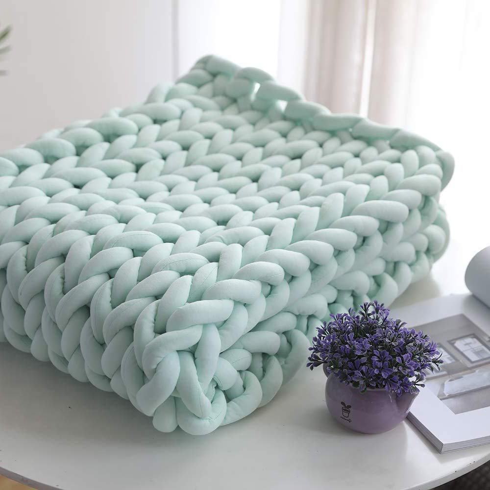 Handmade Chunky Knit Blanket - Soft & Cozy Thick Knitted Throw - Luxury Braided Weighted Blanket 80x100cm - Perfect for Bed, Sofa, Chair, Yoga & Home Decor - Blue