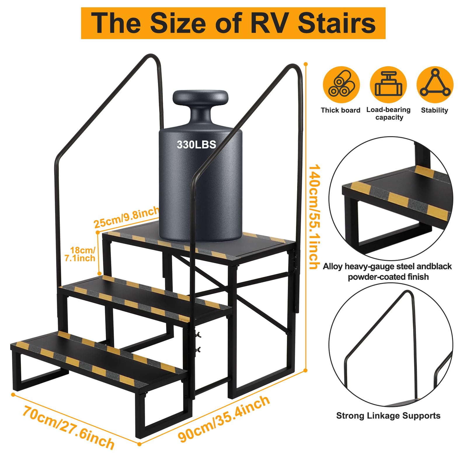 3 Step RV Stairs with Handrails - Heavy Duty Outdoor Steps for Travel Trailers, Motorhomes, Boats, Hot Tubs & Porches | Non-Slip Camper Stairs for Safe Entry & Exit