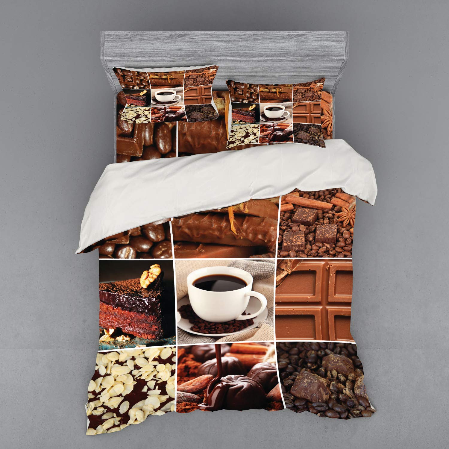 Ambesonne Brown 4-Piece Queen Bedding Set - Coffee & Chocolate Themed Duvet Cover with Shams & Fitted Sheet | Perfect for Cozy Bedrooms, Guest Rooms & Coffee Lovers' Home Decor