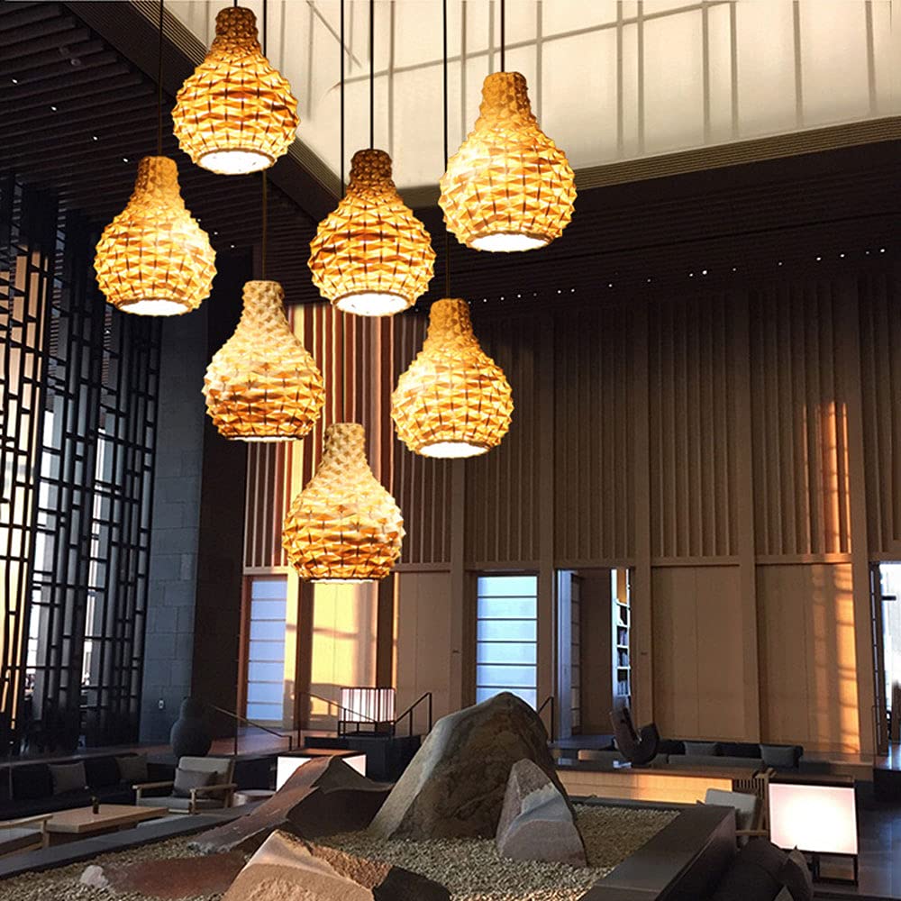Bamboo Pendant Light with Adjustable Cord - E27 Hanging Lamp for Kitchen Island, Dining Room, Bar & Living Room | Wicker Chandelier with Hollow Lampshade | Perfect for Modern Farmhouse, Cafe & Restaurant Lighting Decor