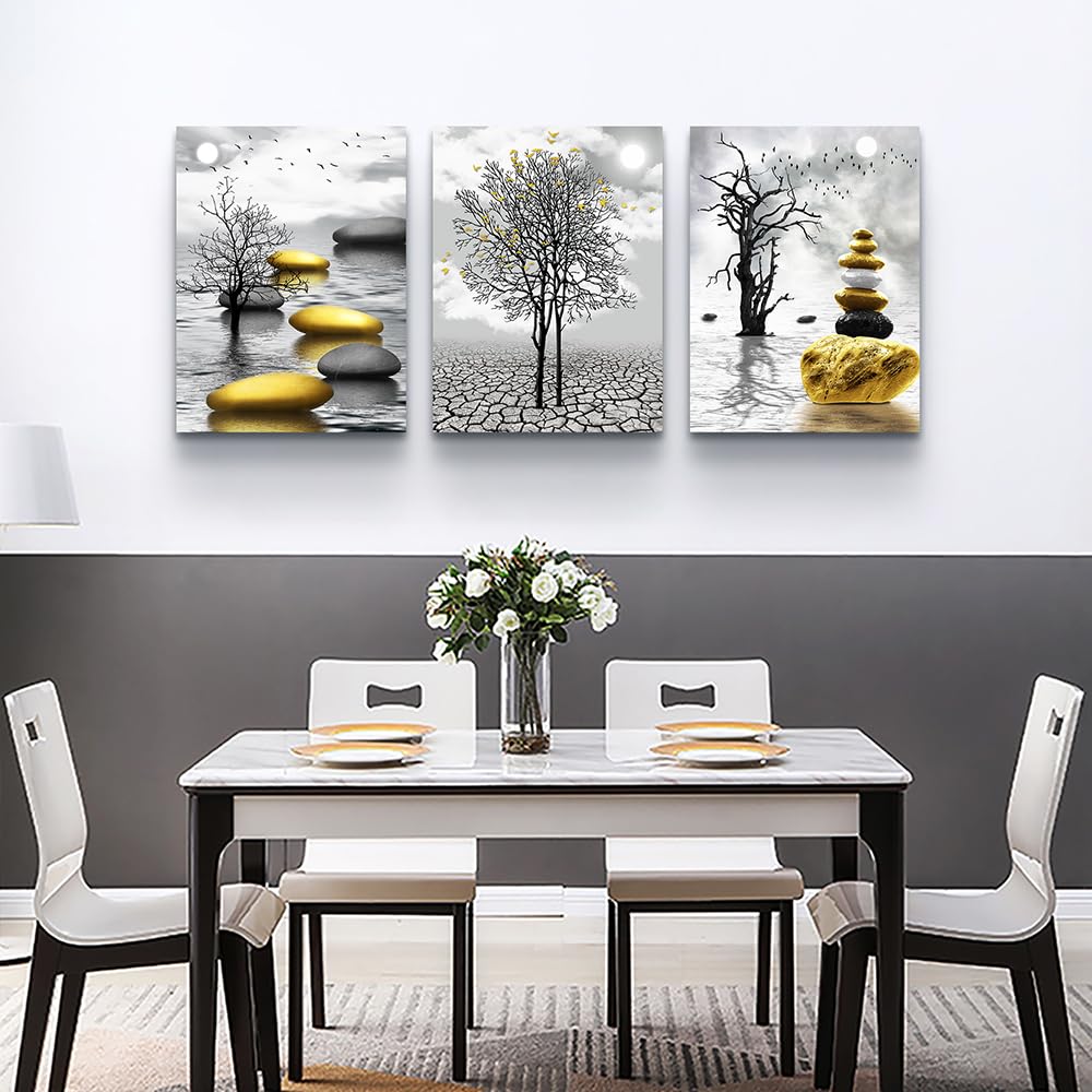 Modern Black and White Canvas Wall Art Set - 3 Piece Yellow Landscape Painting Prints for Living Room, Bedroom & Office Decor | Inspirational Home Wall Decor for Modern Interiors