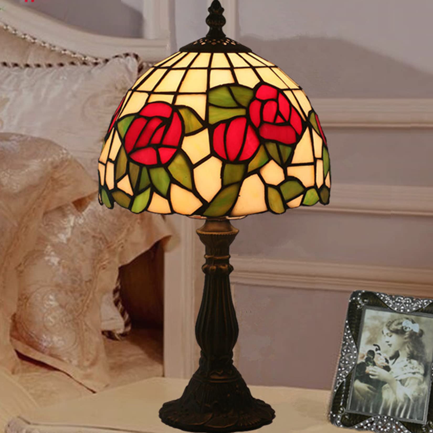 Mini Red Rose Green Leaves Tiffany Style 8 Inch Stained Glass Table Lamp - Elegant Desk & Reading Light for Living Room, Bedroom, Bedside, Wedding Decor | Perfect for Romantic Ambiance, Home Office & Gift Giving