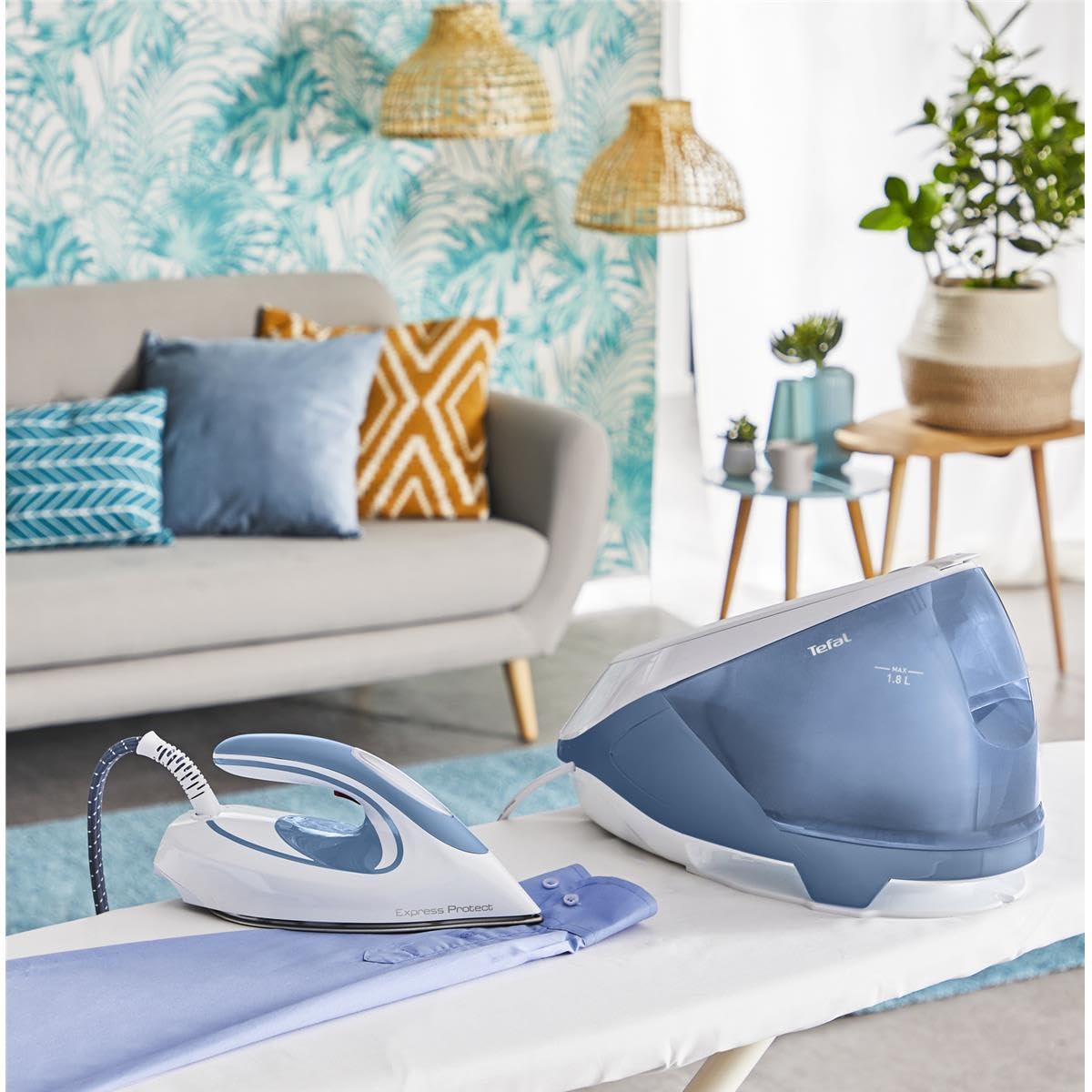 Tefal SV9202 Express Protect Steam Iron Station - Blue & White | Fast Heating, Anti-Calc, Self-Cleaning | Perfect for Home, Office & Travel Use