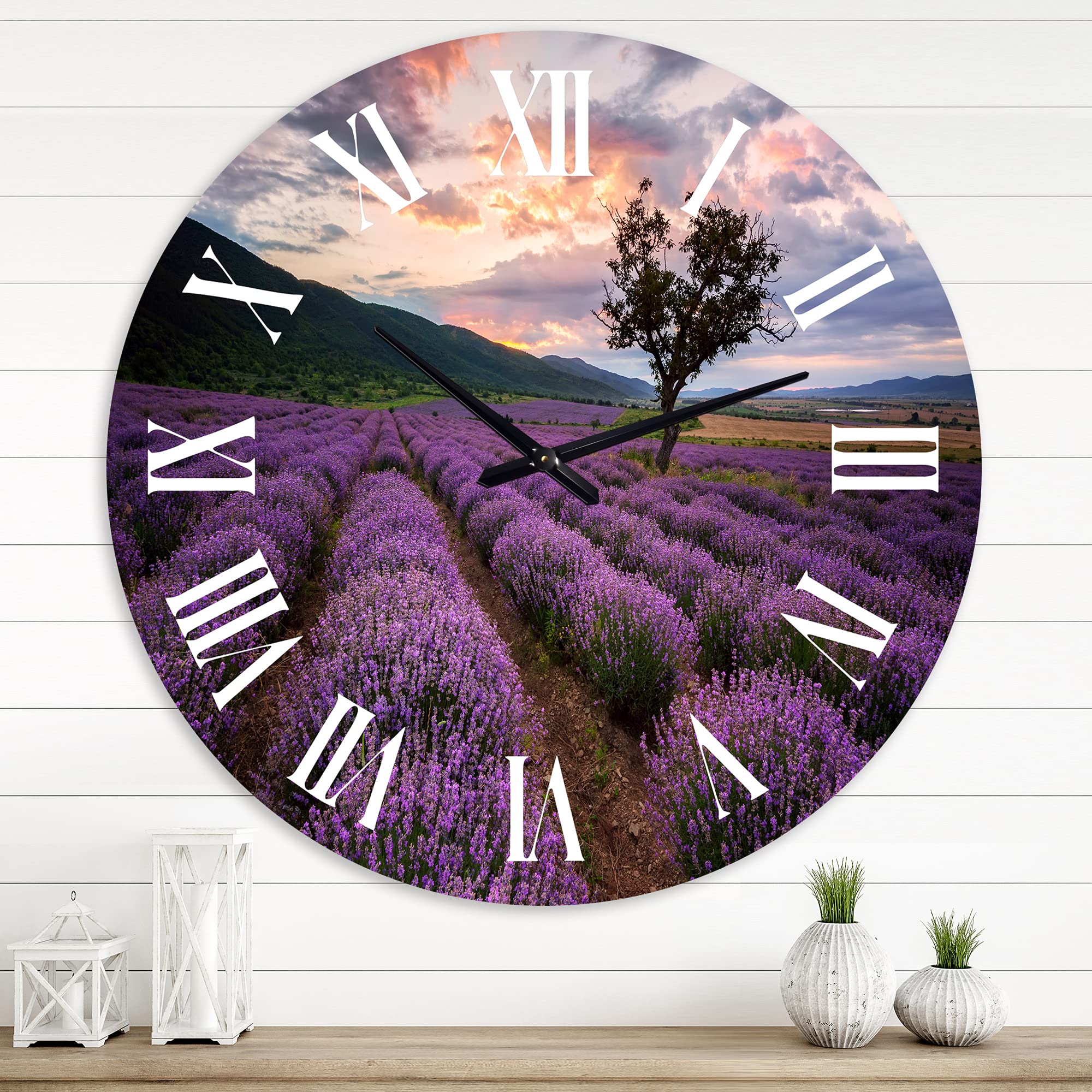Farmhouse Wall Clock 'Lavender Field at Dawn III' - Large Rustic Landscape Wall Clock for Home & Office Decor - Perfect for Living Room, Bedroom, Kitchen, and Country Style Interior Design