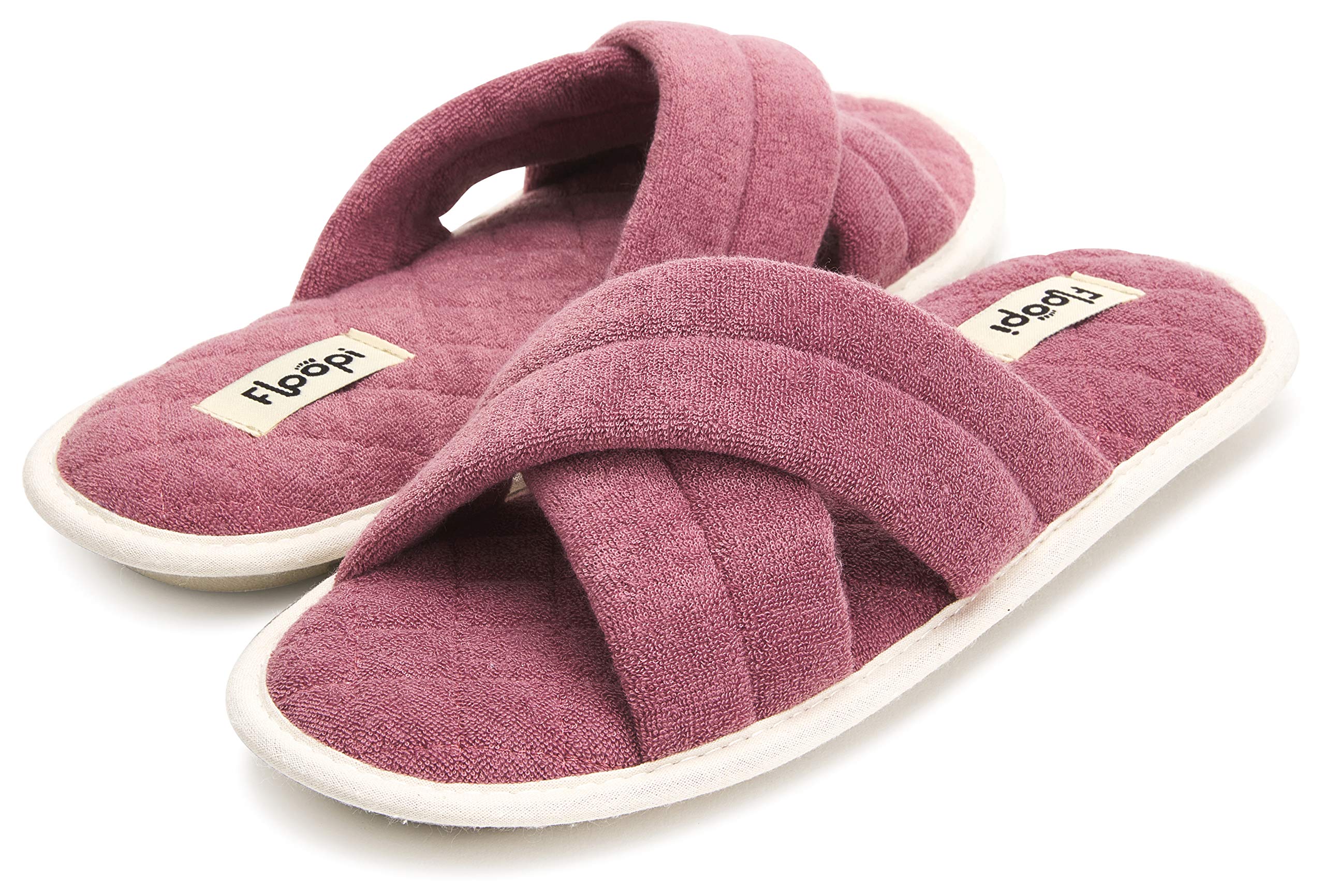 Floopi Women's Soft Criss Cross Open Toe Slippers - Quilted Terry Stitch Insole, Memory Foam Comfort & Anti-Skid Rubber Outsole - Perfect Summer House Shoes for Indoor/Outdoor Wear