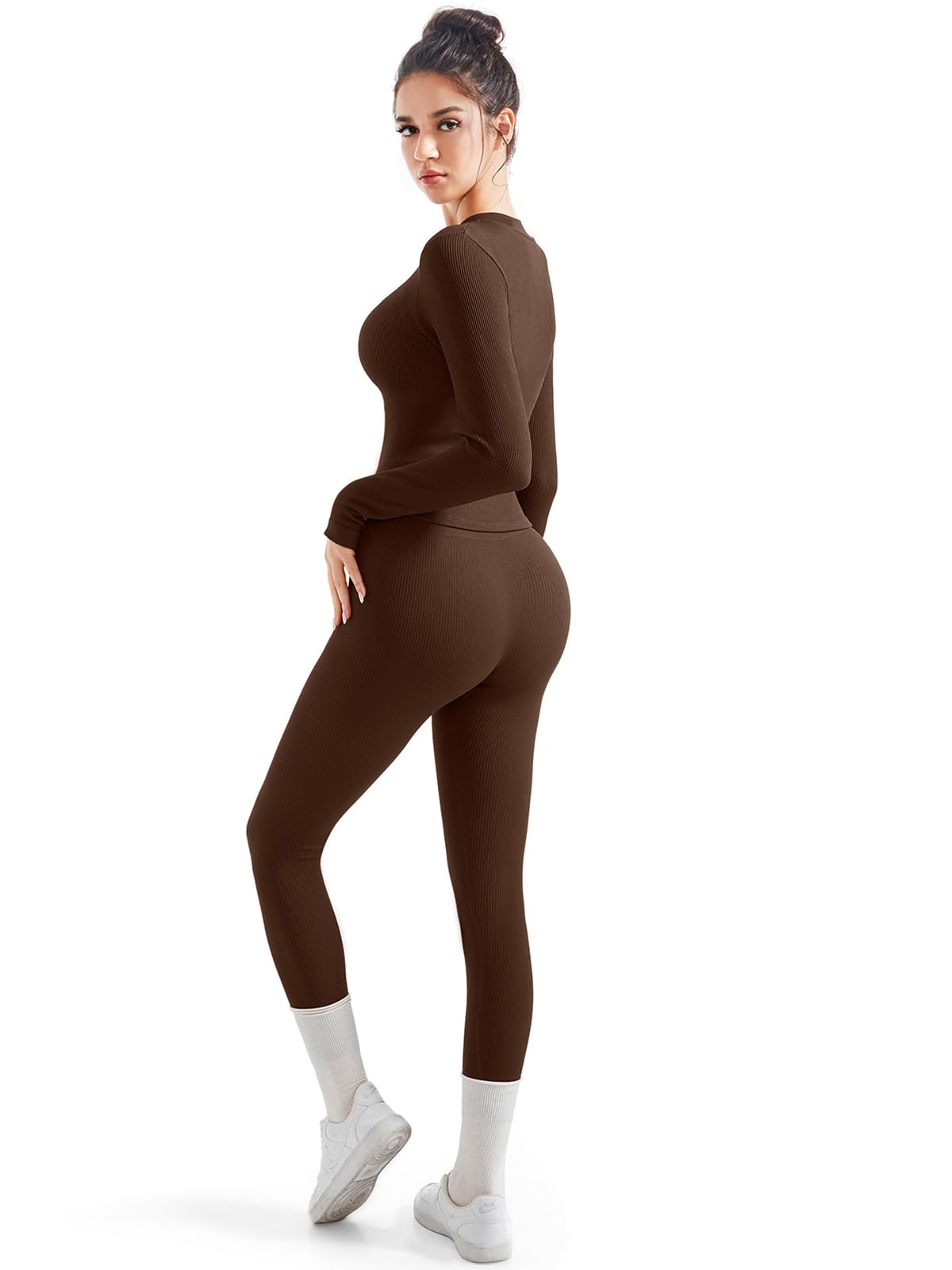 SUUKSESS Women's 2-Piece Seamless Ribbed Workout Set with Zip-Up Jacket & High Waisted Yoga Leggings - Gym, Running, Pilates & Lounge Wear for Women