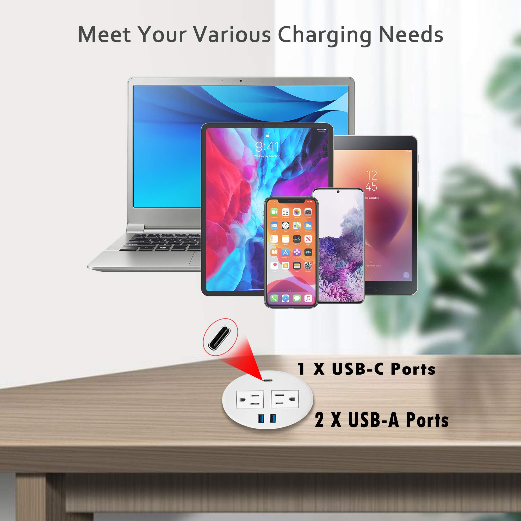 Kungfuking 20W USB C Power Grommet - 2 AC Outlets & 3 USB Ports for Office Desk