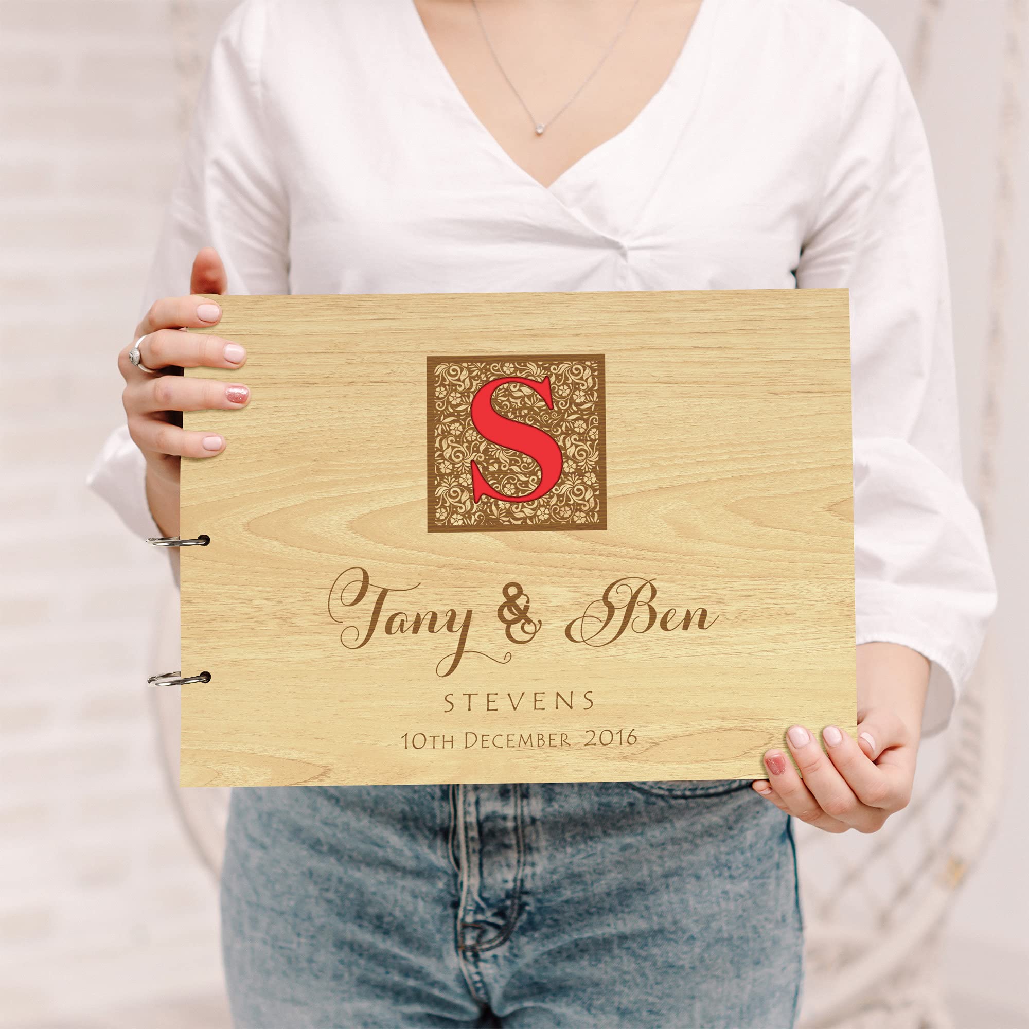 Personalized Laser Engraved Wedding Guest Book with Wooden Cover - Custom Sign-in Registry for Bridal Shower, Anniversary & Reception - Unique Keepsake Scrapbook for Couples (DK)