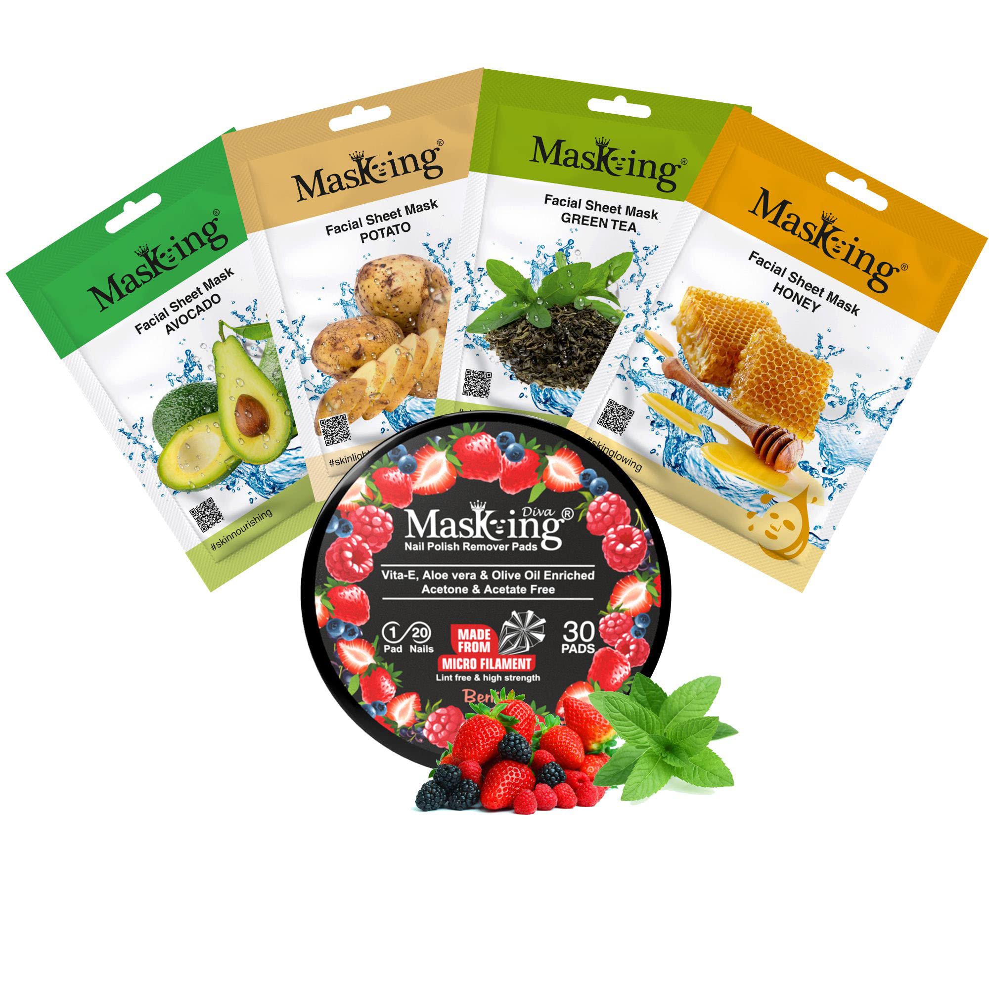 Premium MasKing Beauty Facial Sheet Mask Set - Avocado, Potato, Green Tea & Honey Extract Combo Pack (4 Masks) + Diva Berries Nail Polish Remover with 30 Round Pads - Hydrating & Nourishing Skincare for Women & Men - Perfect for Spa Nights, Travel & Self-Care Routines
