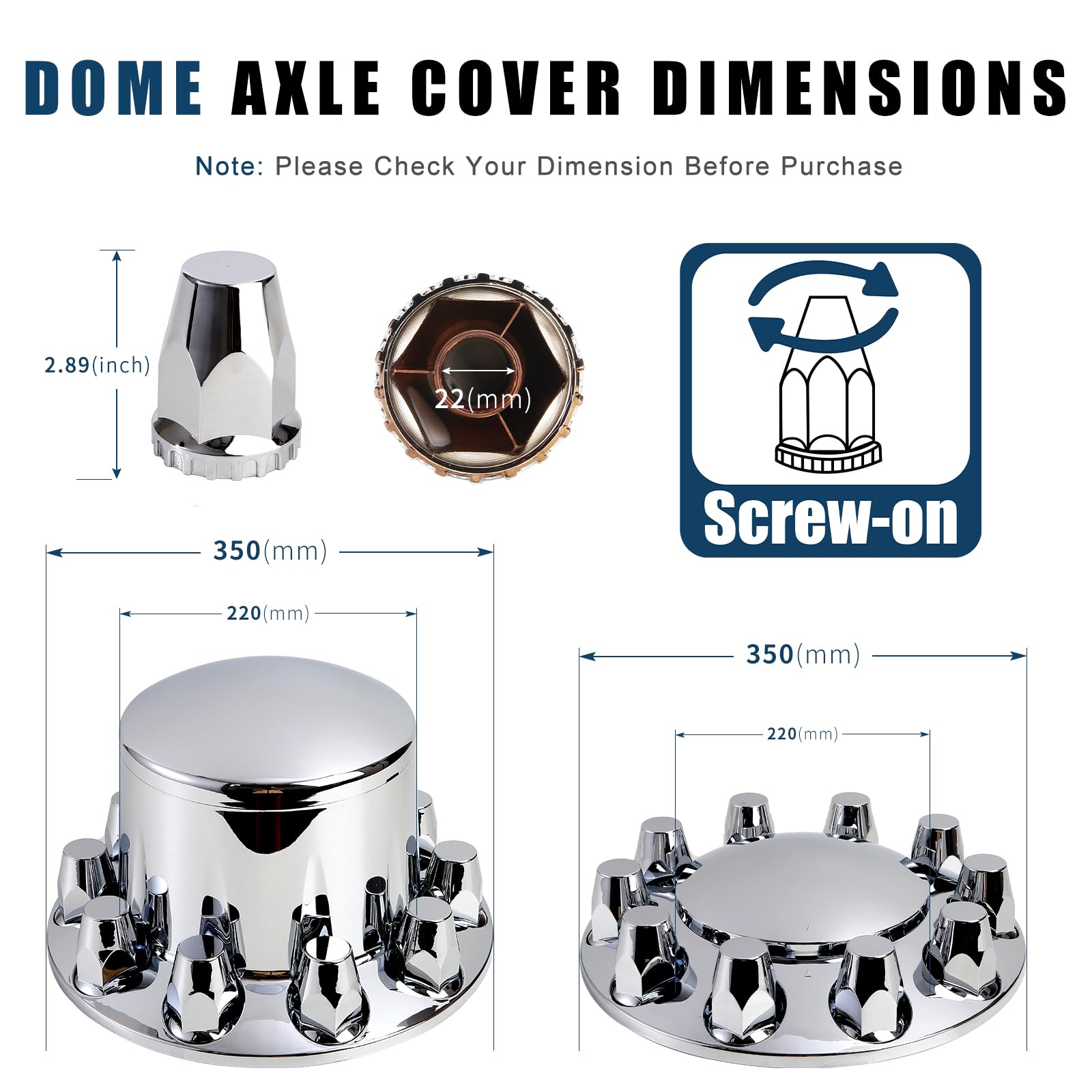 Chrome Semi Truck Wheel Covers - Set of 2 Front & 4 Rear Hub Covers with 33mm Thread-On Lug Nut Covers | Heavy Duty Protection & Style for Peterbilt, Kenworth, Freightliner | Installation Tool Included | Perfect for Long Haul Trucking & Fleet Maintenance