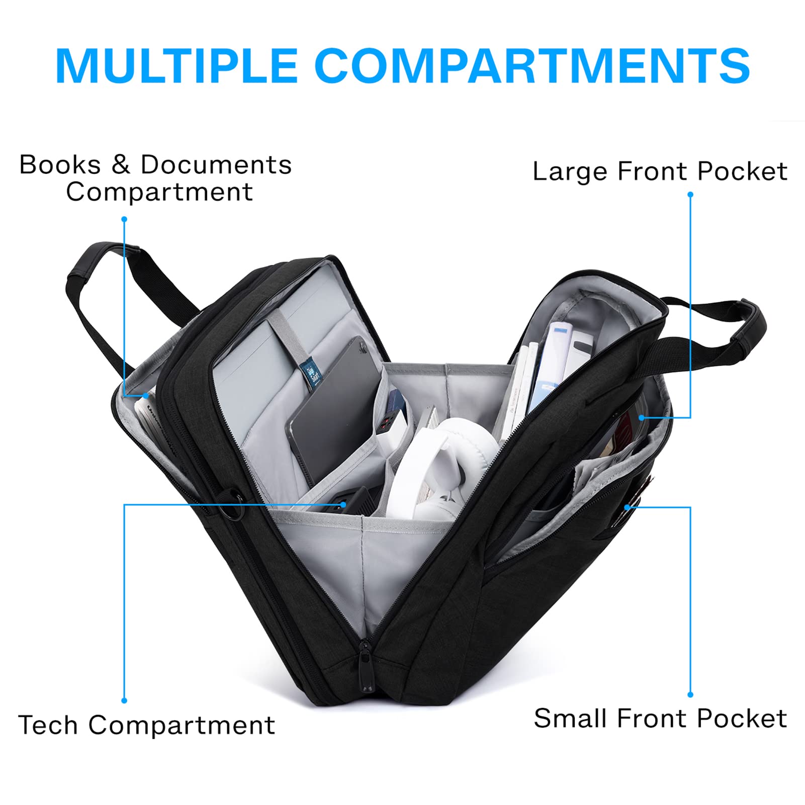 BAGSMART 17.3 Inch Expandable Laptop Bag for Men & Women - Waterproof Business Briefcase, Work Backpack for Office, Travel & Commuting - Durable Computer Shoulder Bag (Black) | Perfect for Business Trips, Daily Commute & Professional Work Settings