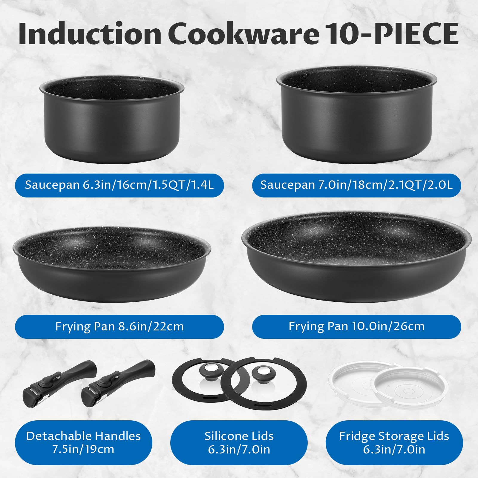 BEZIA 10-Piece Nonstick Induction Cookware Set with Removable Handles - PFAS Free Pots & Pans for Gas, Electric & Induction Hobs - Stackable, Dishwasher & Oven Safe - Perfect for Small Kitchens, RVs & Dorm Cooking