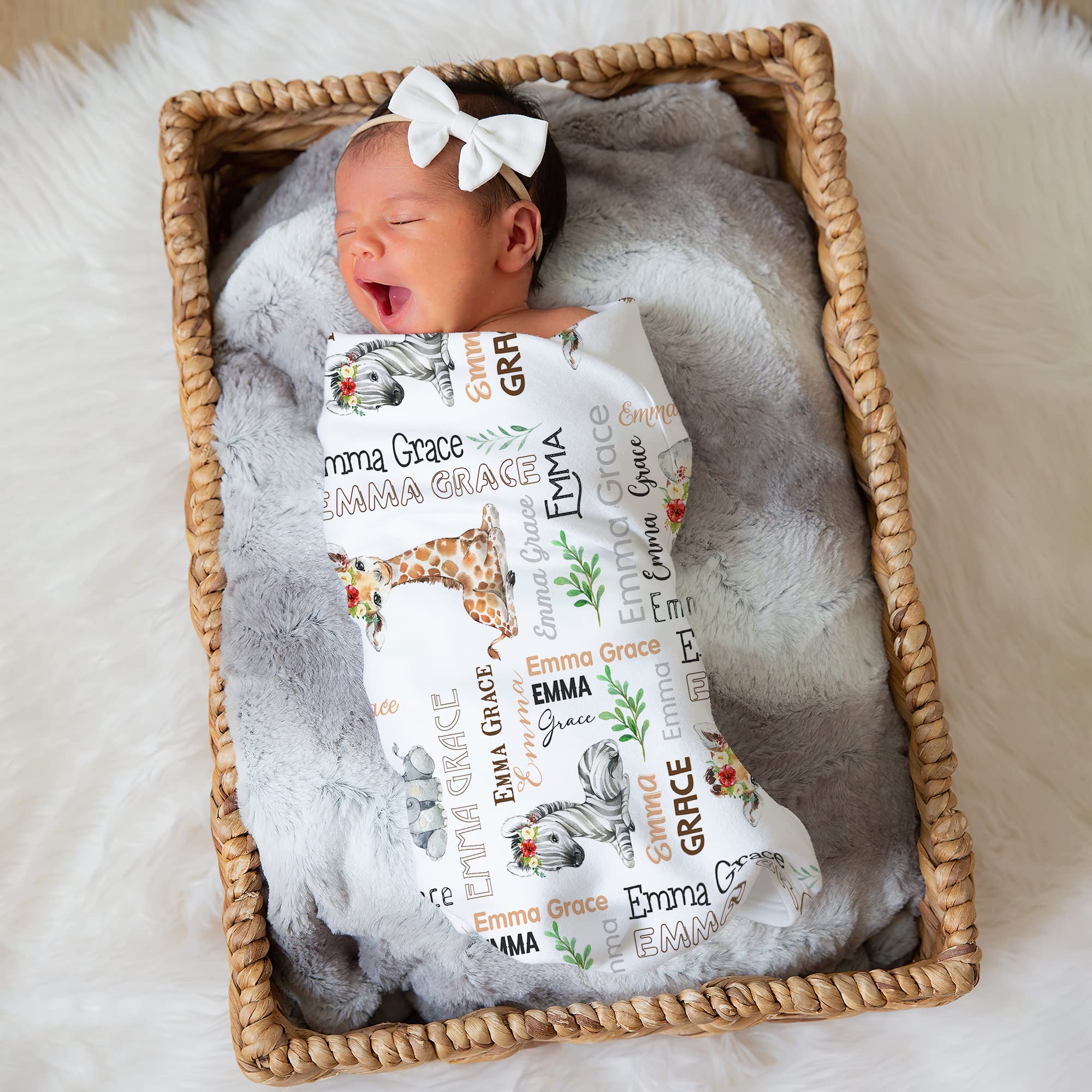 Personalized Woodland Safari Monogram Baby Blanket - Soft Nursery Blanket with Animal Heads for Boys & Girls - Custom Name Receiving Blanket for Baby Showers, Christenings & Nursery Decor - Perfect for Gifts, Photo Props & Cozy Swaddling