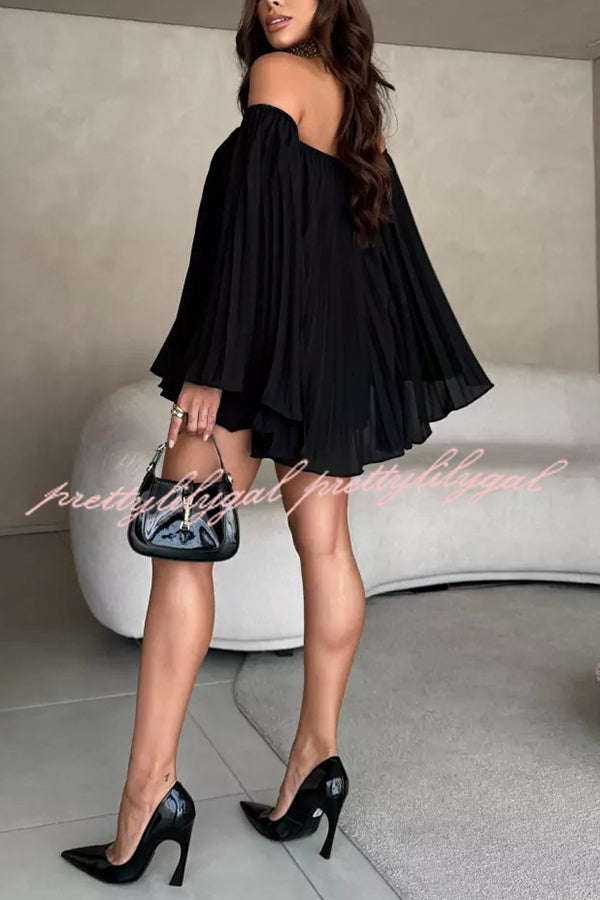 Off Shoulder Pleated Loose Top with Elastic Waist Shorts Set - Women's Summer Casual Outfit for Beach, Vacation & Date Night
