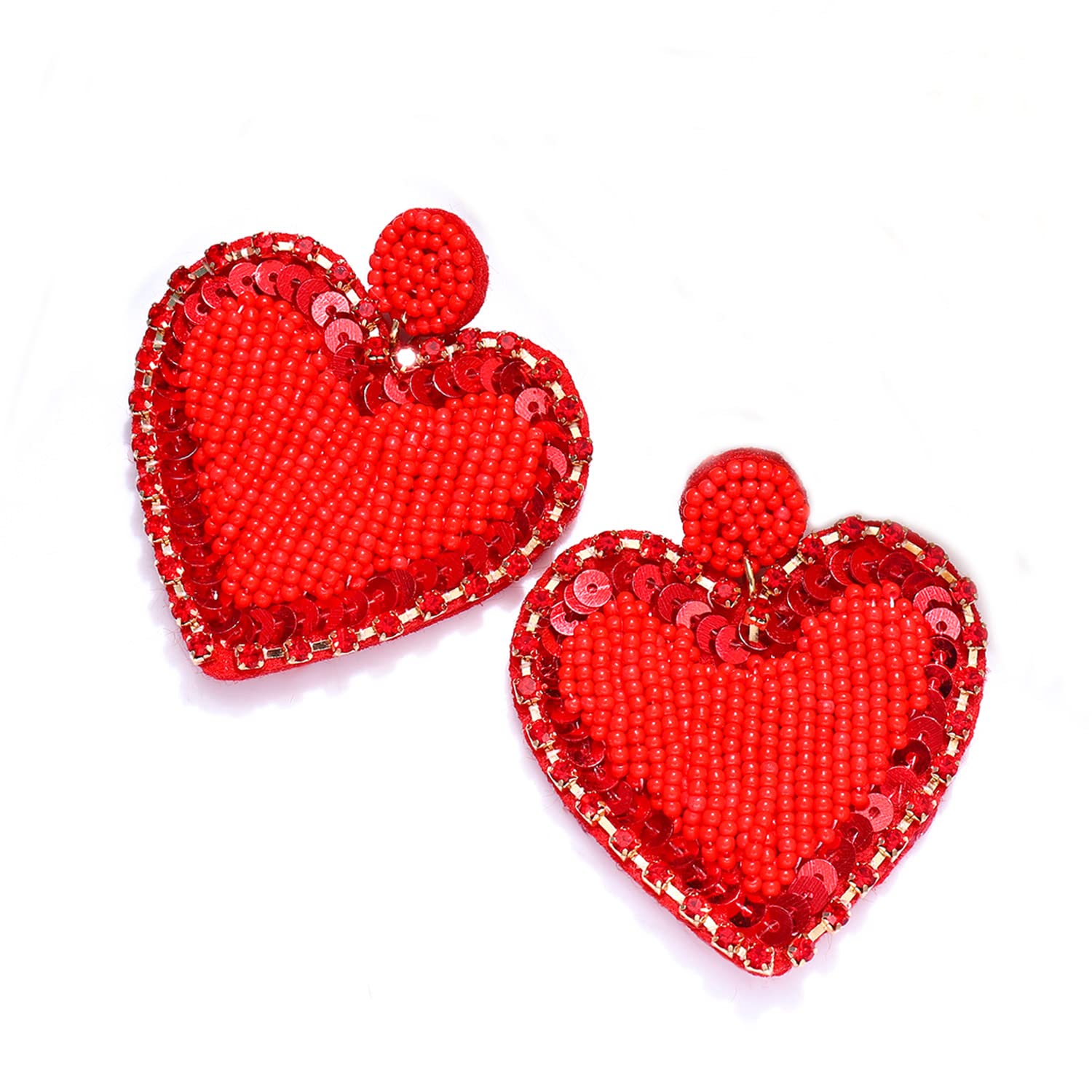 Handmade Boho Beaded Valentine Earrings for Women - Rhinestone Heart Drop Dangle Earrings with Sequin Details | Perfect for Mother's Day, Valentine's Day & Festival Gifts | Elegant Statement Jewelry for Date Nights, Weddings & Special Occasions