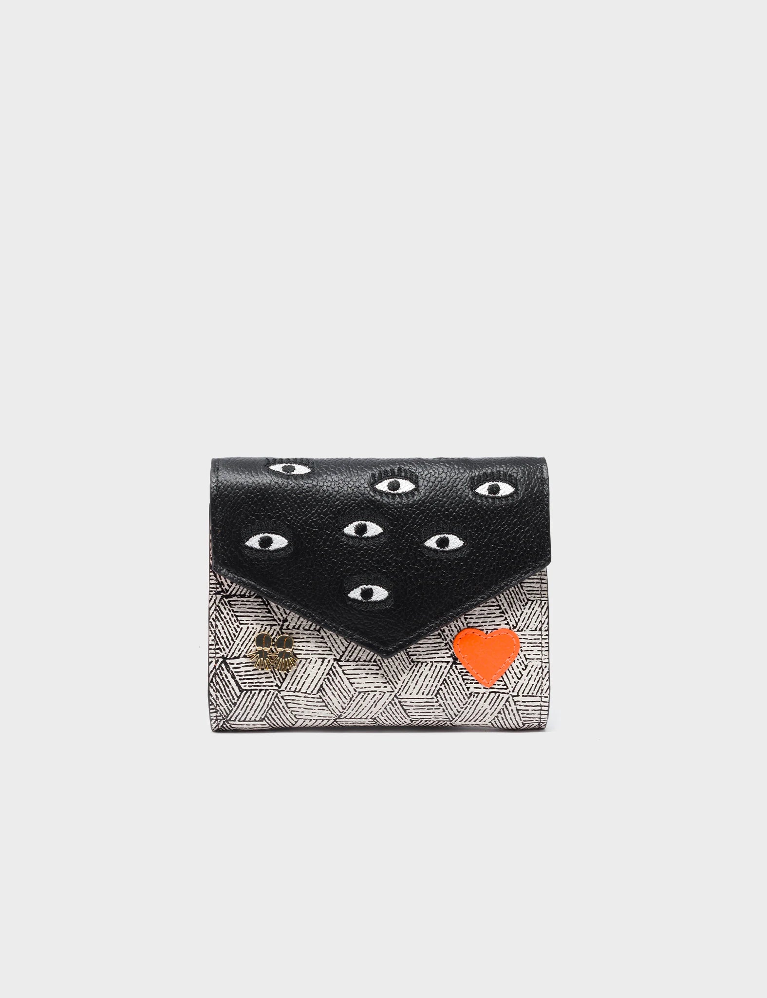 Fiona Black and Cream Leather Wallet with All Over Eyes Embroidery - Stylish and Durable Wallet for Women, Perfect for Everyday Use, Travel, and Gift Giving