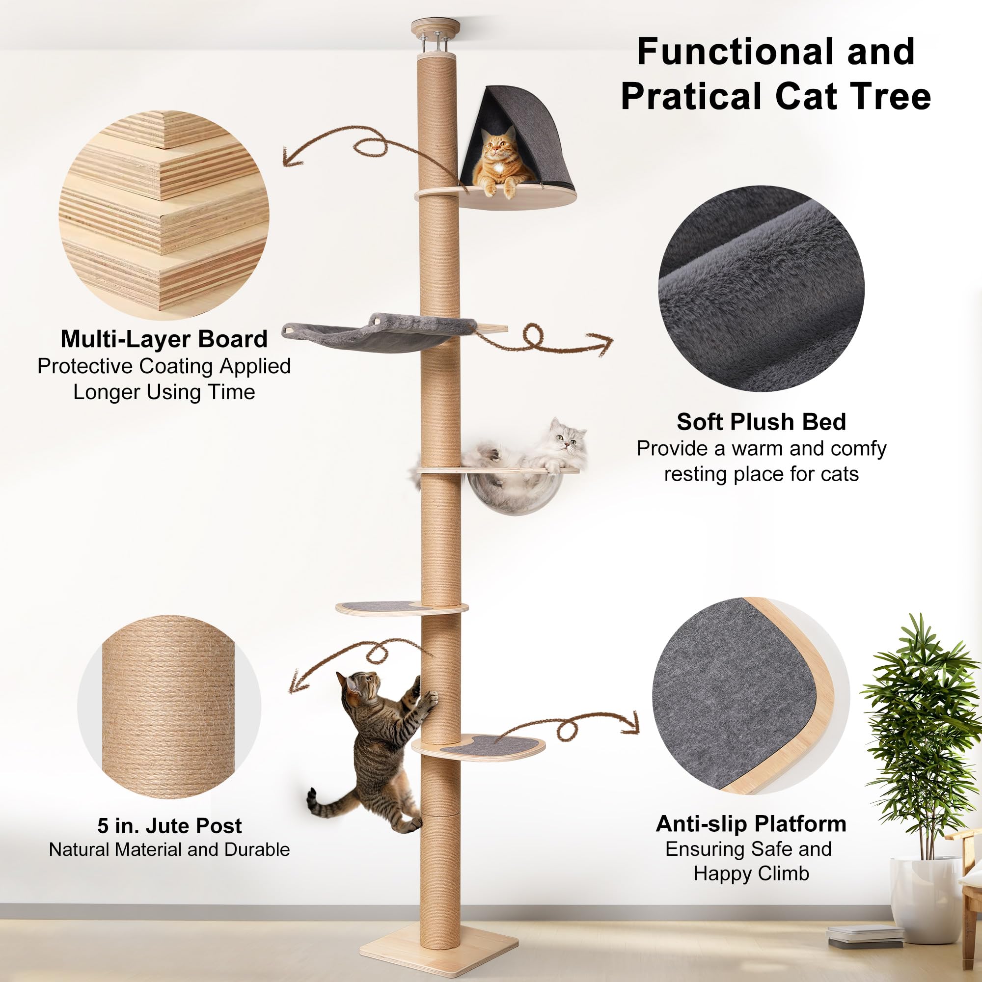 Premium 6-Level Adjustable Cat Tree Tower (5.7-9.8 ft) - Floor to Ceiling Climbing Structure with Thick Scratching Posts, Transparent Capsule & Plush Hammock - Perfect for Indoor Cat Play, Exercise & Relaxation in Apartments/Homes