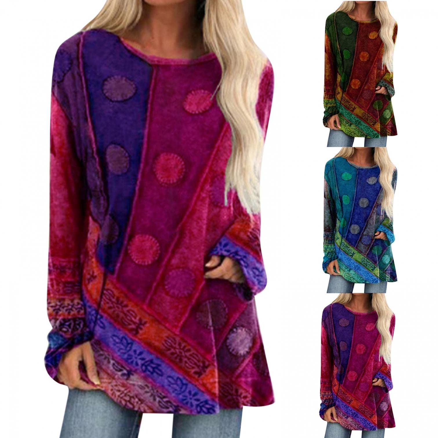 **Plus Size Women's Tops - Long Sleeve Casual Retro Blouse, Crewneck Sweatshirts & Pullover Tunics for Everyday Comfort | Perfect for Work, Dates & Relaxing**