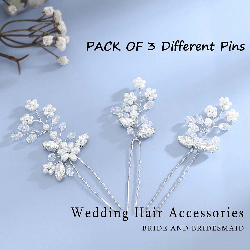 YBSHIN Silver Crystal Pearl Bridal Hair Pins - Rhinestone Hair Clips for Wedding, Prom & Special Occasions - Elegant Hair Accessories for Women & Girls (Pack of 3) | Perfect for Brides, Bridesmaids & Formal Events