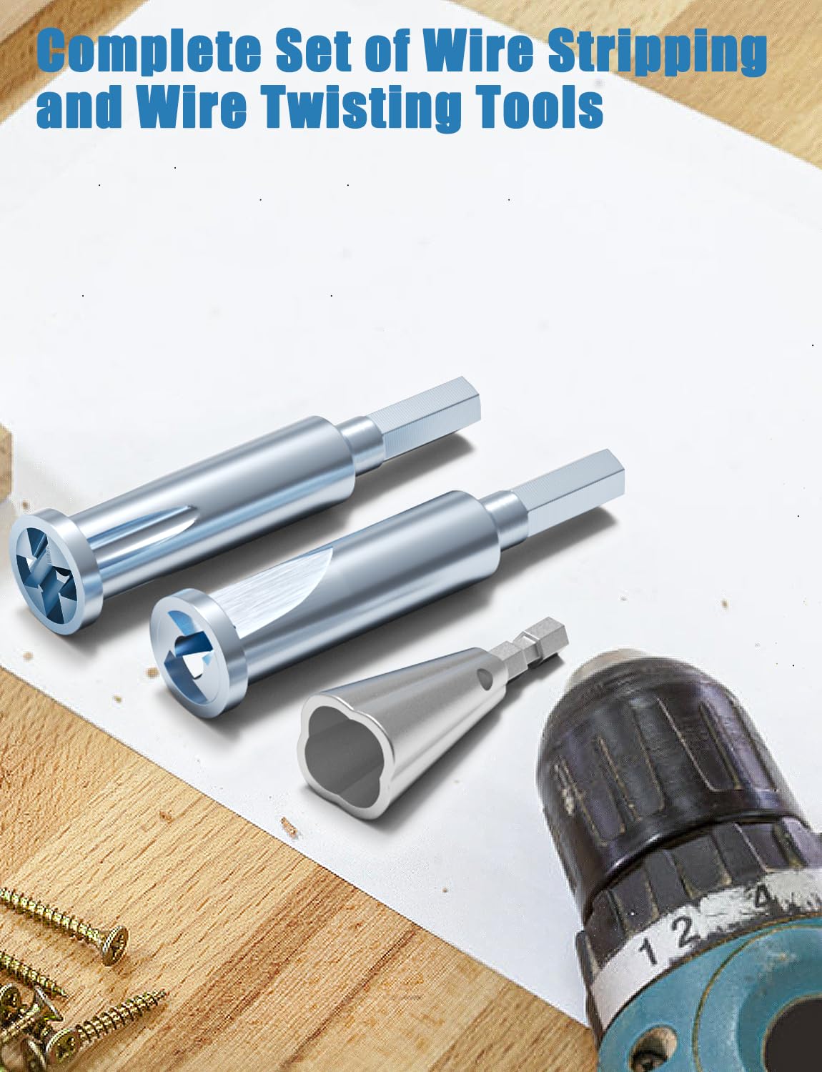 3-Way & 5-Way Drill-Powered Wire Stripper and Twister Tool Set - Electrical Wire Stripping & Nut Twisting Bits for Power Drills (3-Piece) - Perfect for Electricians, DIY Home Wiring & Electrical Projects