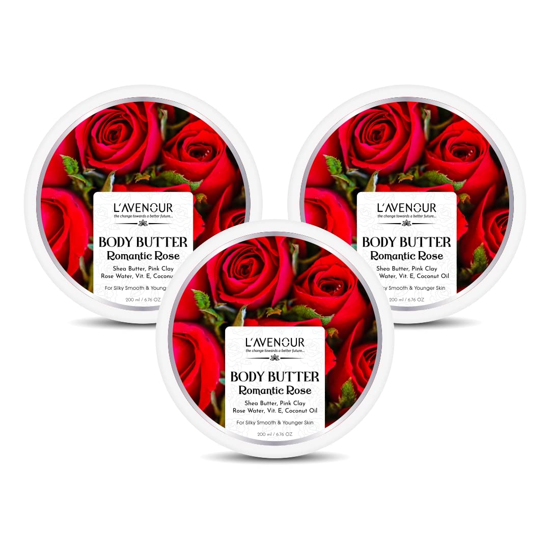 L'avenour Romantic Rose Body Butter for Dry Skin - Shea Butter & Vitamin E Moisturizer for Women & Men | Quick Absorbing, Non-Greasy Hydration | Perfect for Night Routine, Spa Days & Gift Giving - 200ml (3 Pack)