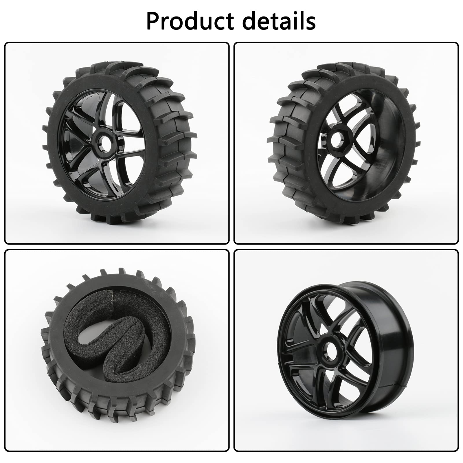 1/8 Scale RC Off-Road Buggy Tires & Wheels Set - 4pcs 17mm Hex Tires with Hex Adapters, Nuts & Wrench for Sand, Snow, Rally & Short Course Terrain - Durable Black RC Car Tires for Hobbyists & Racers (Perfect for Bashing, Crawling & Competitive Racing)
