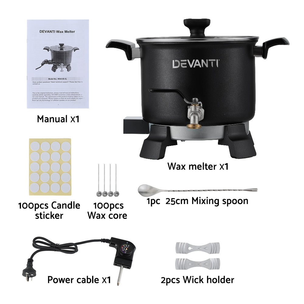 Devanti 5L 1200W Electric Wax Melter Pot for Candle Making - Fast Heating Wax Warmer with Pour Spout, Perfect for Soy Wax, Beeswax & Soap Making - Ideal for Home DIY, Craft Projects & Small Business Use