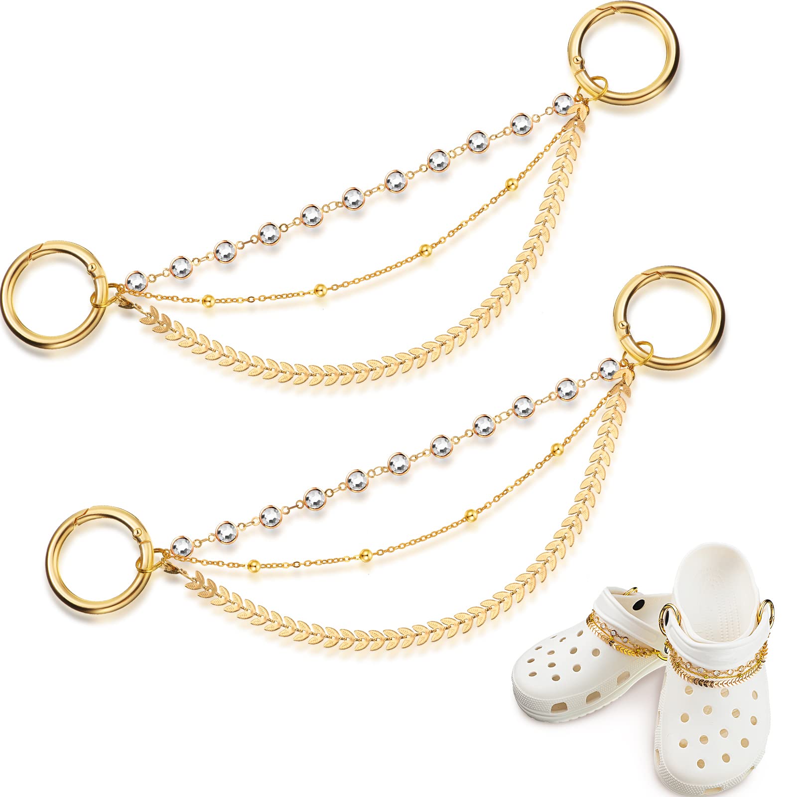 2 Pairs Handmade Shoe Charms Chains - Glitter Alloy Shoe Accessories with Buckle Clasps, Shiny Faux Jewelry Decor for DIY Crafts - Perfect for Sneaker Customization, Gift Making & Fashion Accessories