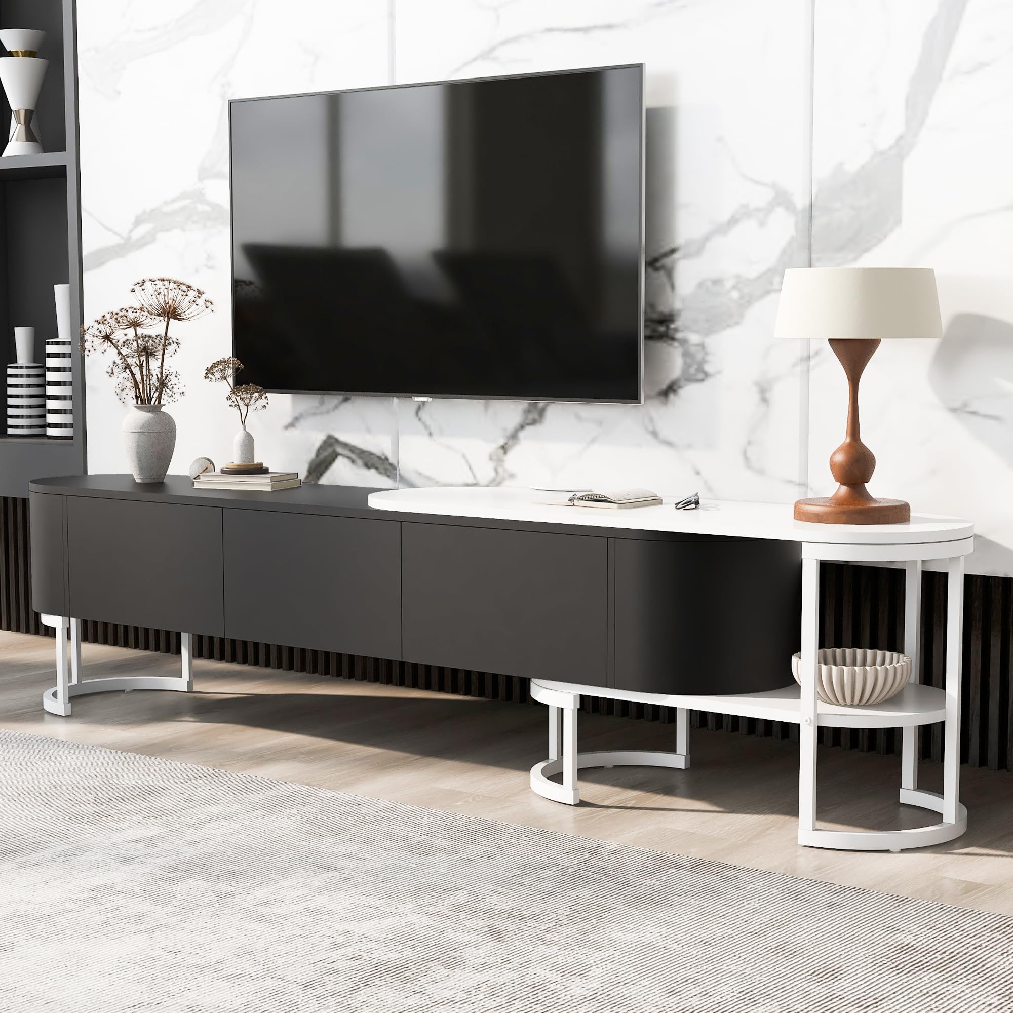 Modern Extendable TV Stand for 55-75 Inch TVs - Black Entertainment Center with 3 Storage Drawers & Adjustable Metal Legs (67.7-76.4