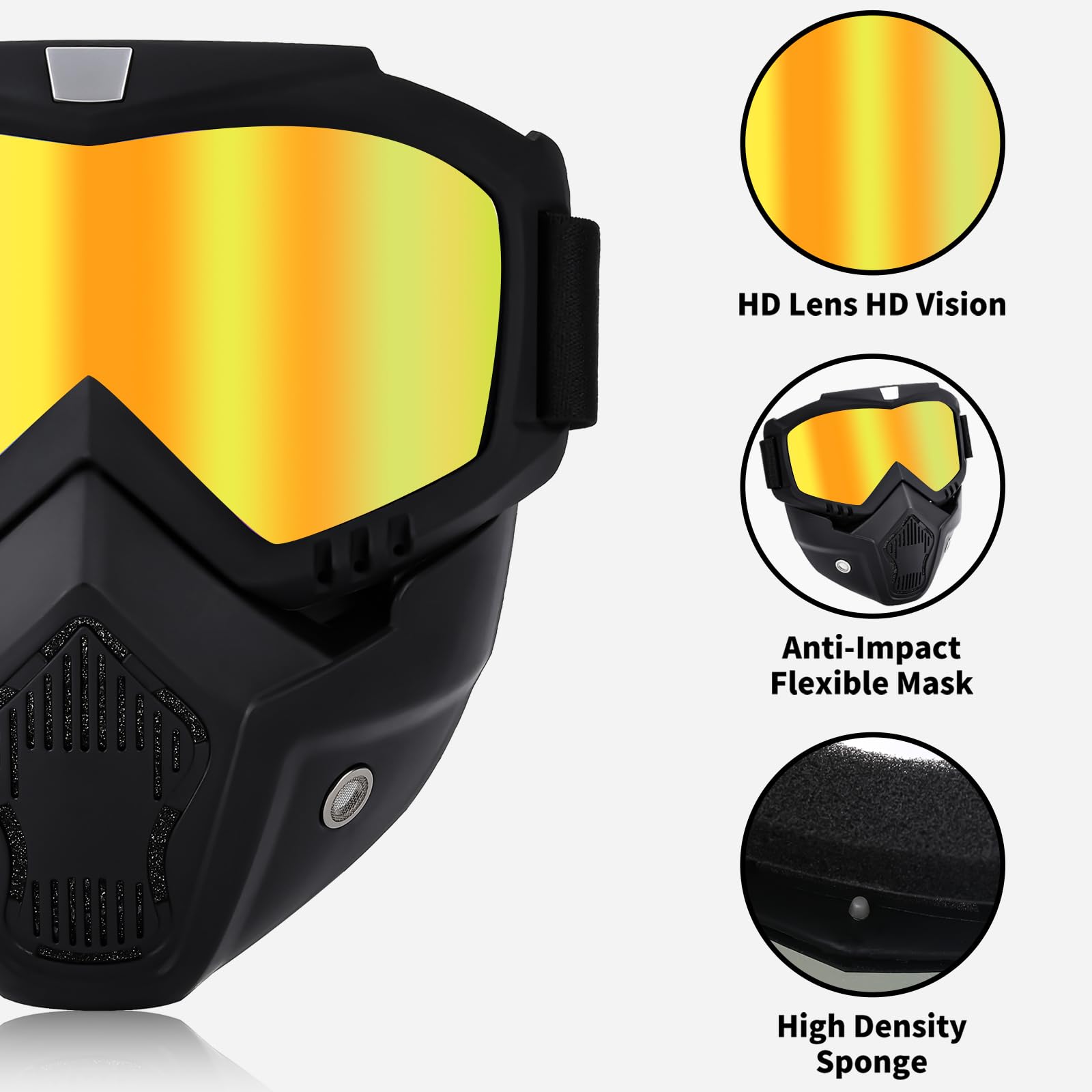 Anti-Fog Motorcycle Goggles - Detachable Paintball & Airsoft Mask for Skiing, Dirt Bike & ATV Riding - Protective Face Gear for Outdoor Sports & Extreme Activities