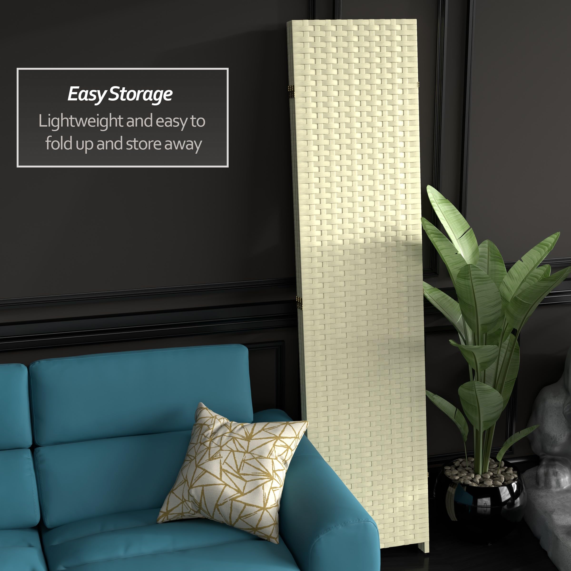 7 ft. Tall Red Lantern Woven Fiber Cream Room Divider - 3 Panel Folding Privacy Screen for Home, Office & Wedding Decor