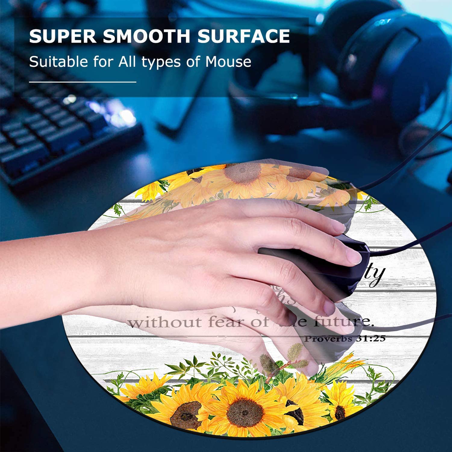 Round Mouse Pad and Coasters Set - Proverbs 31:25 Sunflower Yellow Watercolor Floral Design, Non-Slip Rubber Base for Computer Desk | Perfect for Office, Home & Gift Giving