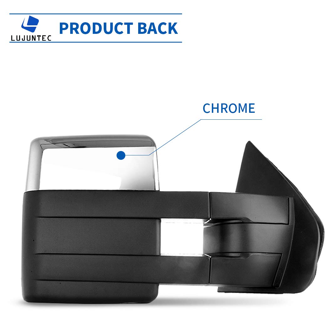 LUJUNTEC Power Heated Towing Mirrors with Turn Signal Light - Replacement for 2004-2015 Ford F-150 Pickup Truck (Driver Left & Passenger Right Side, Chrome) - Perfect for Towing, Night Driving & Winter Conditions