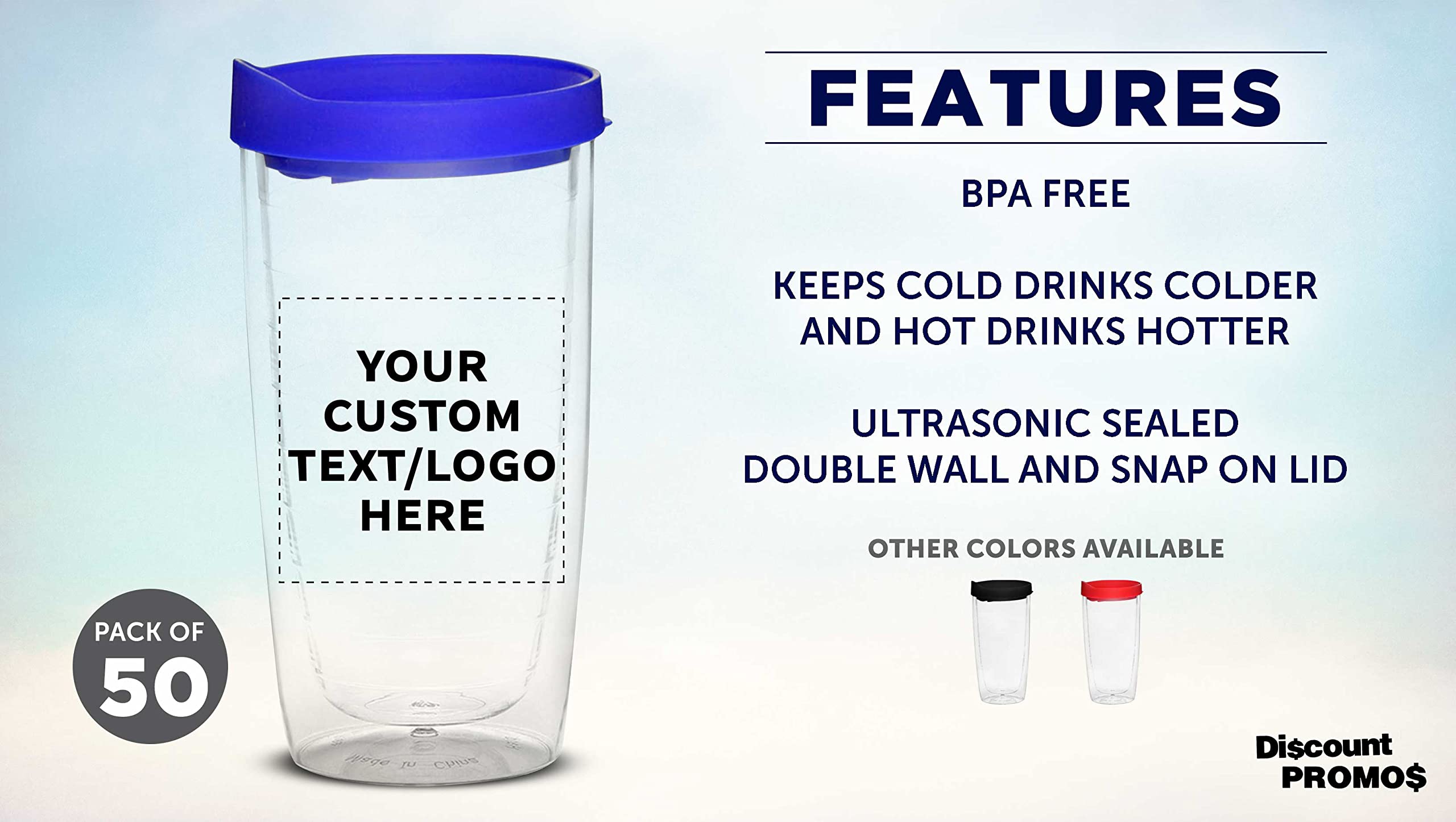 Custom 14 oz Double Wall Plastic Tumblers with Slid-lock Lid - 50 Pack, Personalized Text & Logo - Insulated Travel Coffee Cups for Office, Camping & Outdoor - Blue