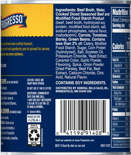 Progresso Rich & Hearty Savory Beef Barley Vegetable Canned Soup - 18.6 oz (Pack of 1) | High-Protein Ready-to-Eat Meal for Quick Lunches, Camping & Emergency Food Supply