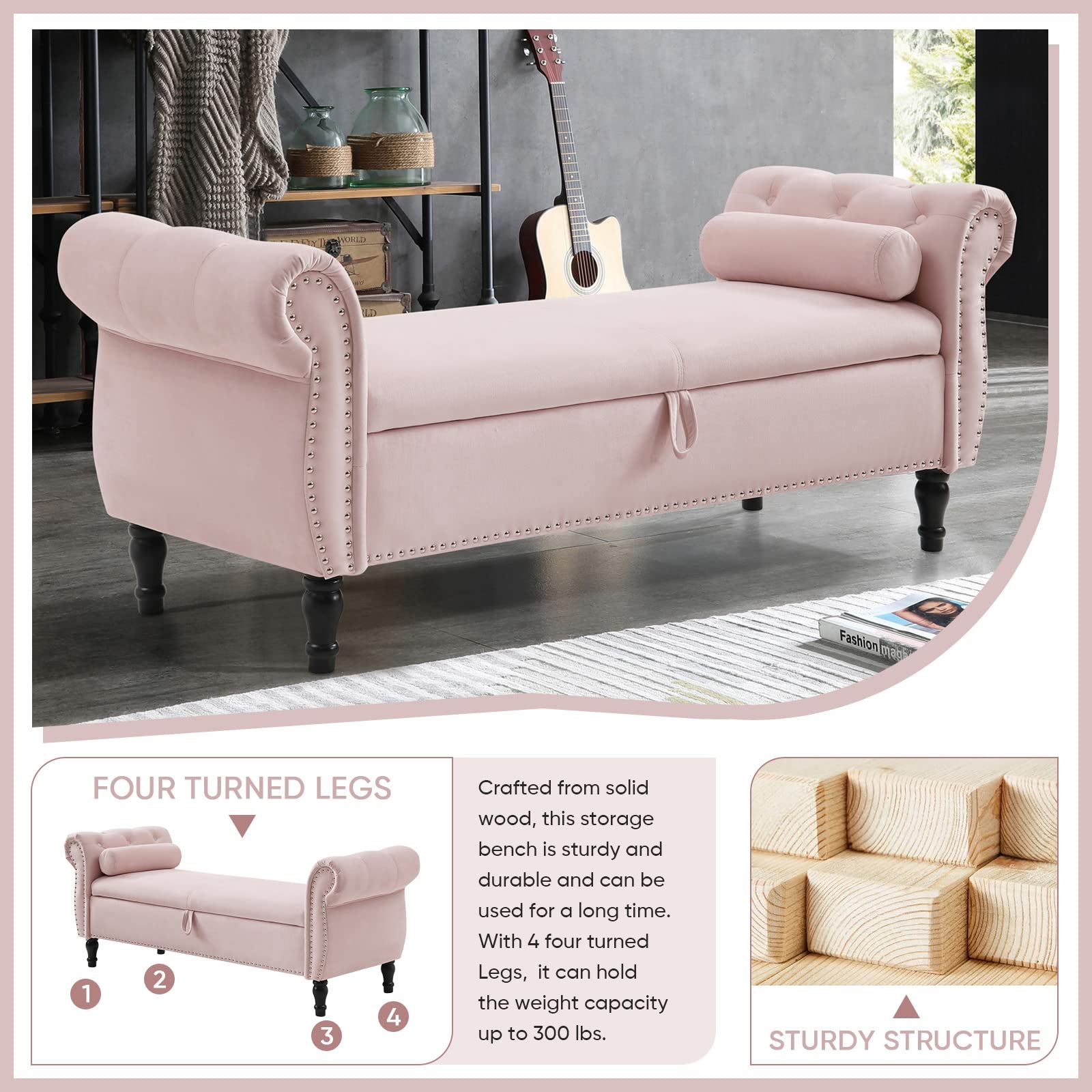 Velvet Storage Ottoman Bench with Tufted Upholstery - Mid Century Modern Small Bench with Hidden Storage & Toss Pillow - Multi-Functional Footrest, Bed End Bench, Entryway Seating for Bedroom, Living Room, Hallway (Pink) - Perfect for Small Space Organization & Cozy Home Decor